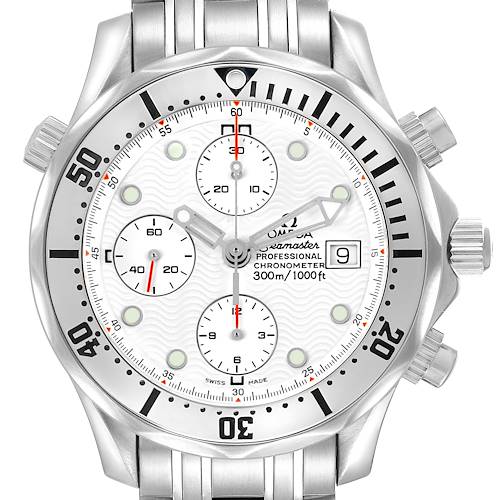 The image shows a front view of an Omega Seamaster 2598.20.00 Men's Stainless Steel White Dial, featuring the dial, bezel, subdials, pushers, and crown.