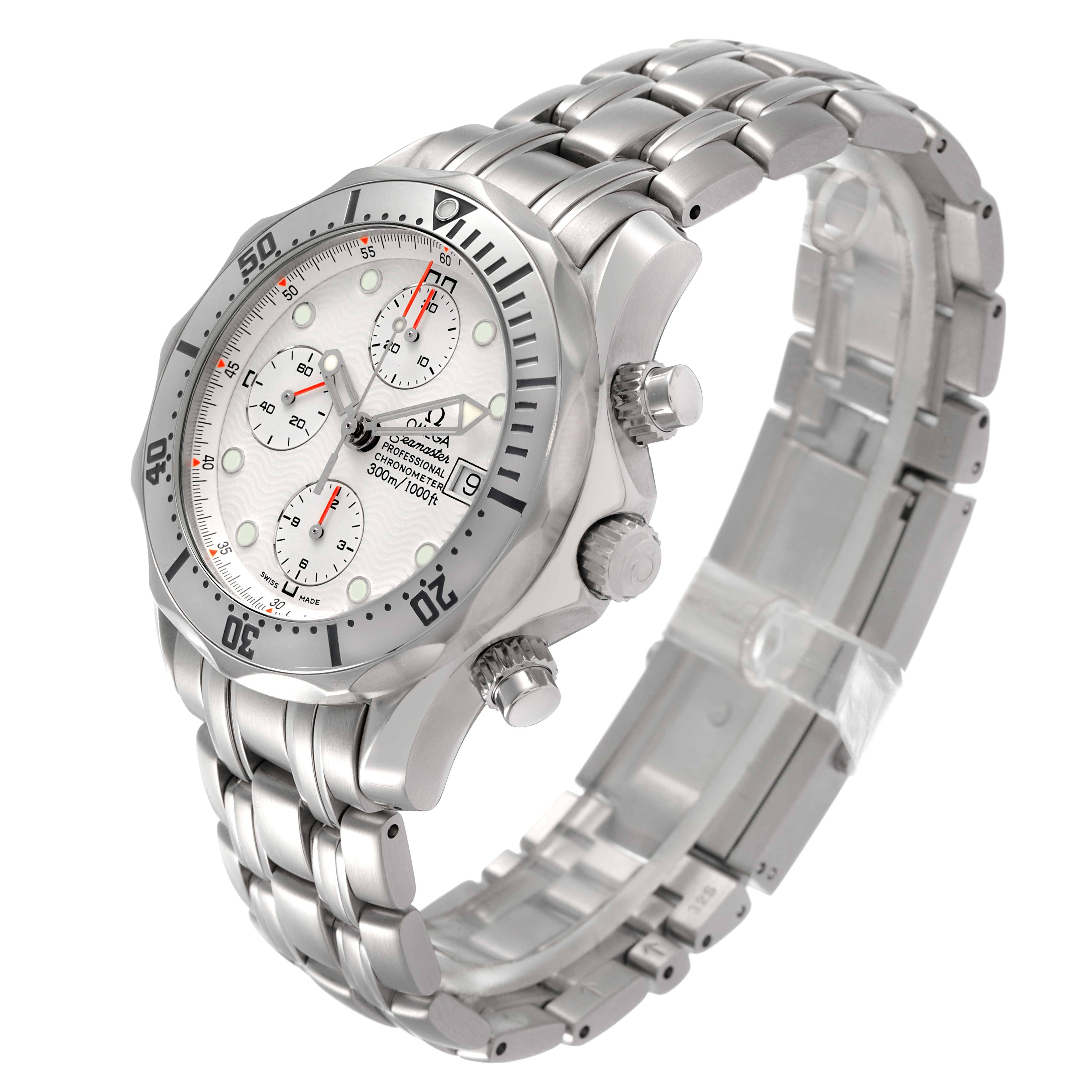 The Omega Seamaster 2598.20.00 Men's Stainless Steel White Dial watch is shown from a three-quarter angle, highlighting the face, bezel, and metal bracelet.