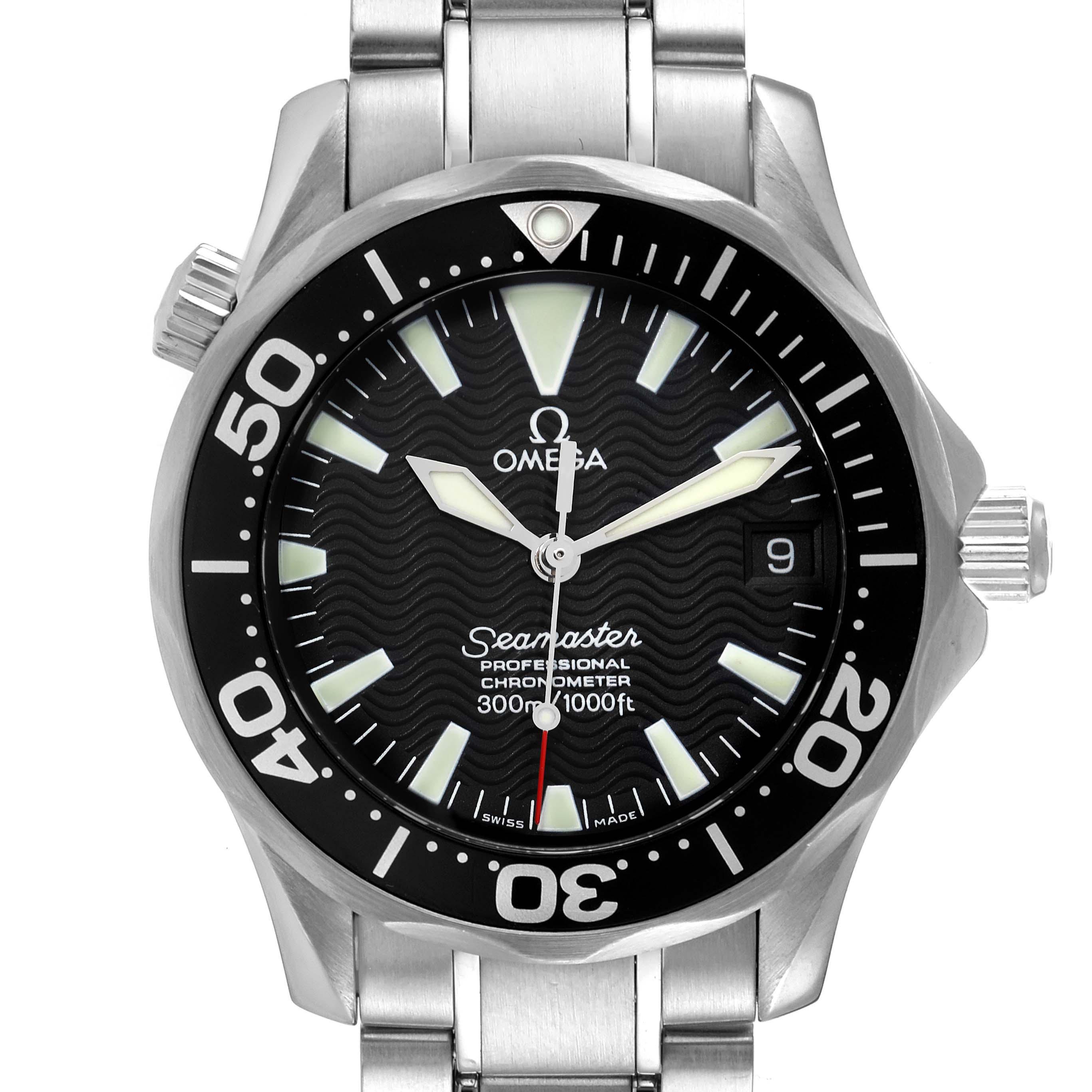 This is a front view of the Omega Seamaster 2252.50.00 Men's Stainless Steel Black Dial 2252.50.00 Men's Stainless Steel Black Dial watch showing its dial, bezel, hands, and portion of the bracelet.