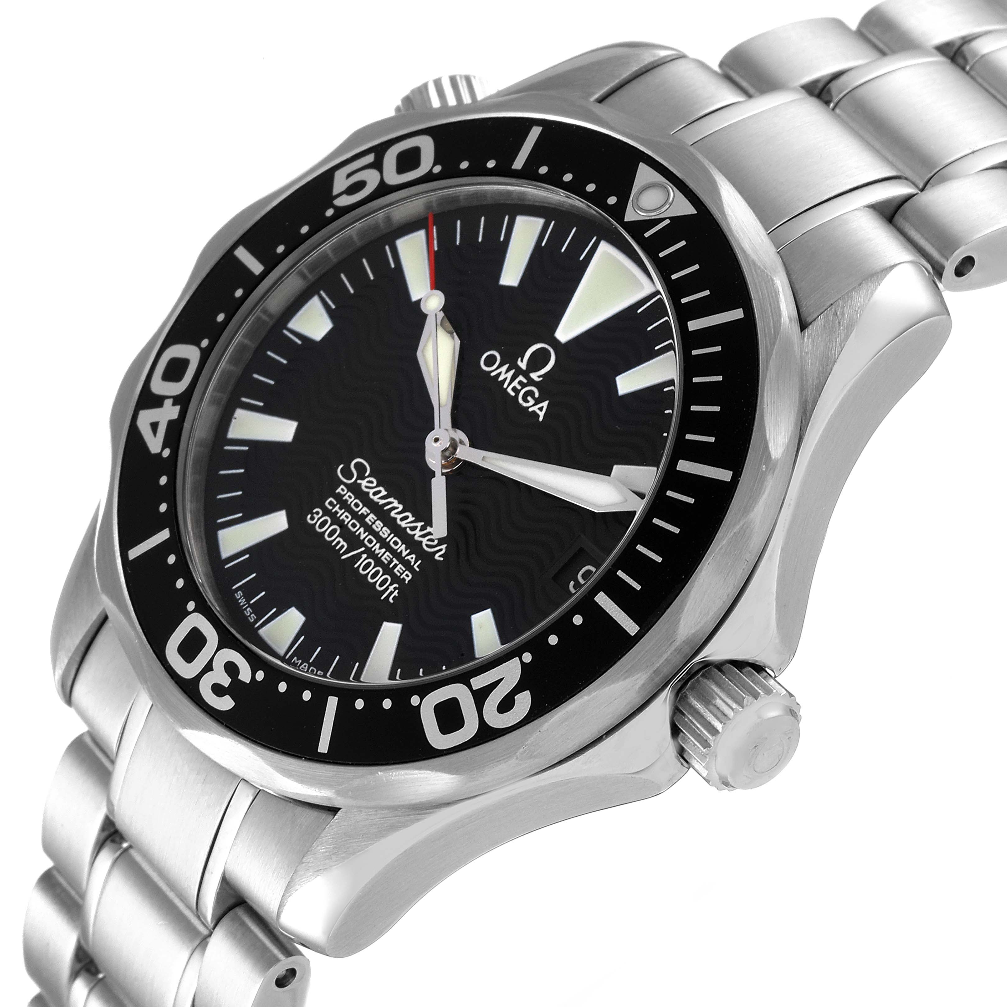 This image shows a side angle view of an Omega Seamaster 2252.50.00 Men's Stainless Steel Black Dial 2252.50.00 Men's Stainless Steel Black Dial watch, highlighting its bezel, dial, crown, and metal bracelet.