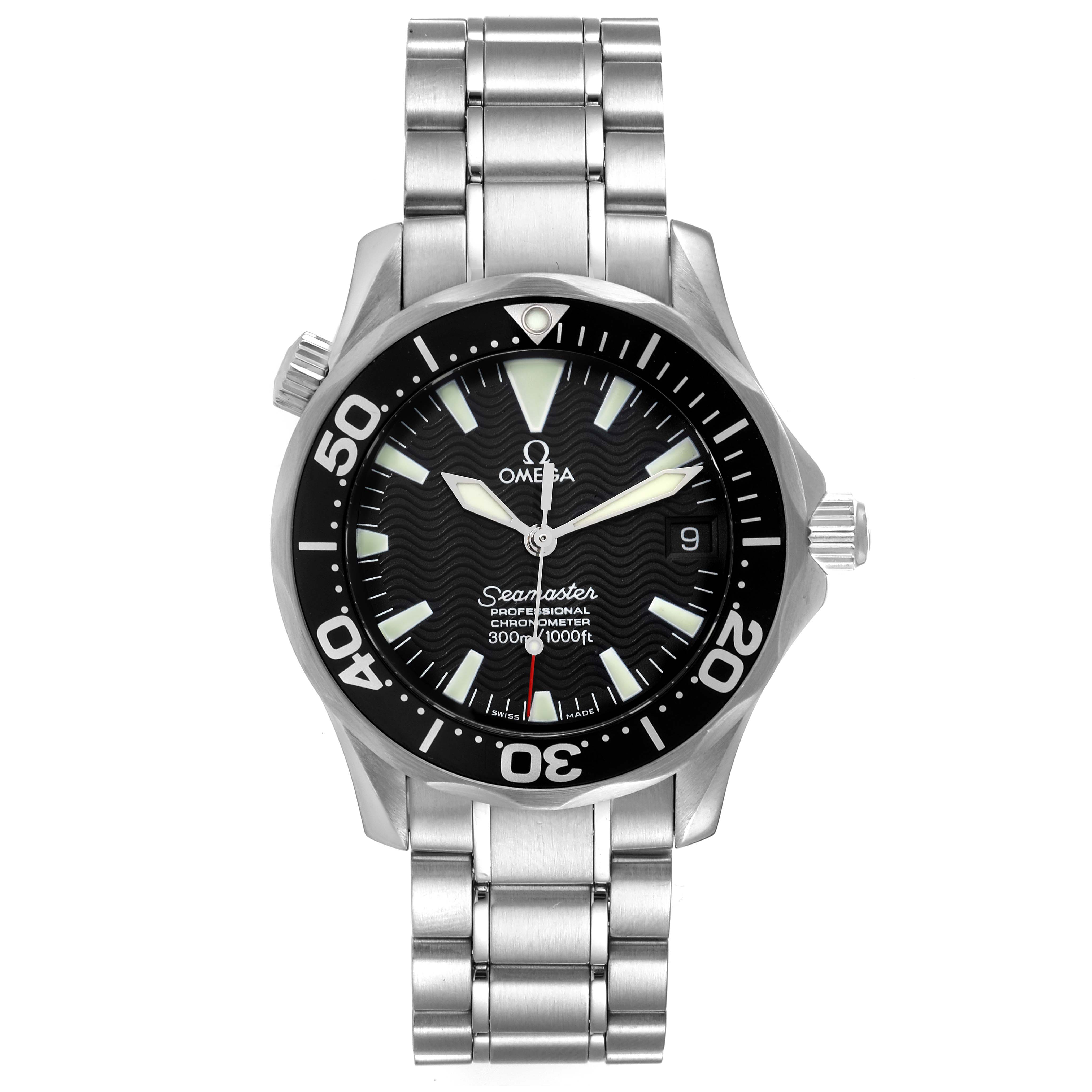 The image shows a front view of an Omega Seamaster 2252.50.00 Men's Stainless Steel Black Dial 2252.50.00 Men's Stainless Steel Black Dial watch, highlighting the dial, bezel, crown, and bracelet.