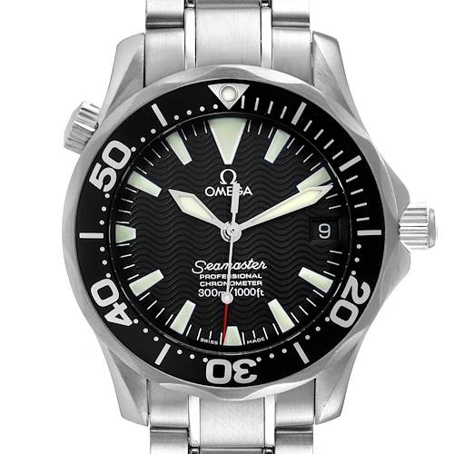 This image shows a front view of an Omega Seamaster watch, displaying the dial, bezel, and part of the bracelet.