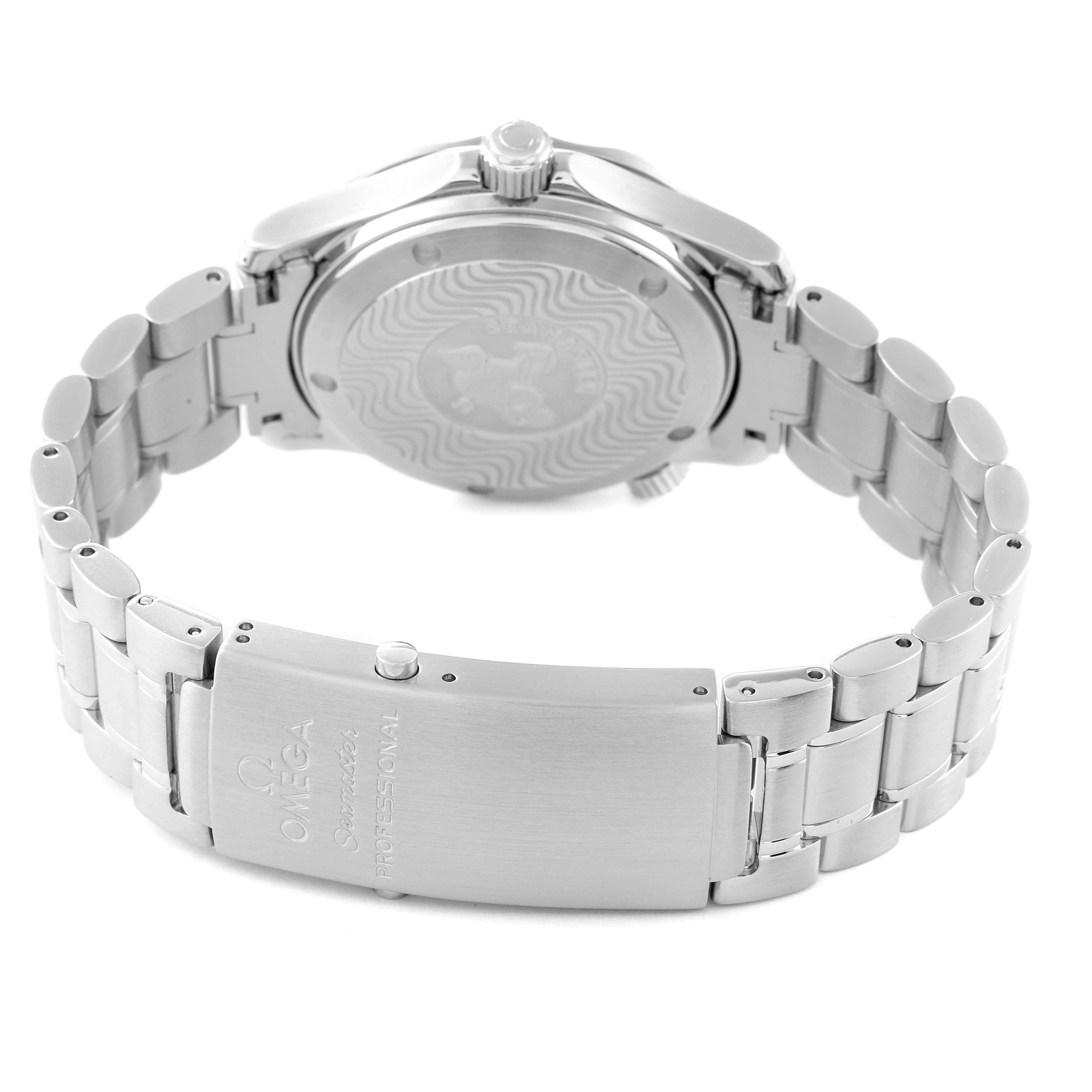 The image shows the back case, crown, and clasp of an Omega Seamaster 2252.50.00 Men's Stainless Steel Black Dial 2252.50.00 Men's Stainless Steel Black Dial watch from a rear angle.