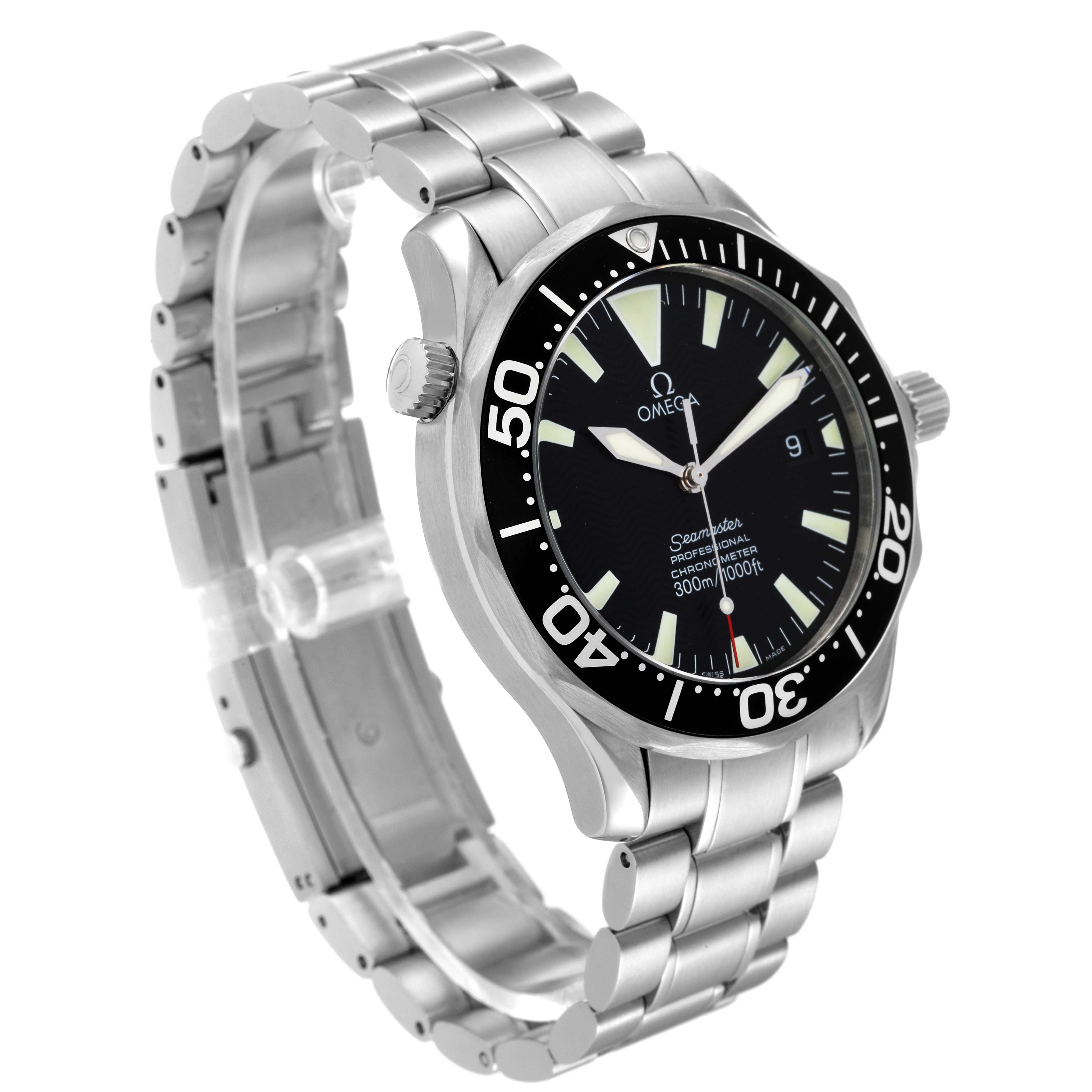 The image shows an angled view of the Omega Seamaster 2254.50.00 Men's Stainless Steel Black Dial 2254.50.00 Men's Stainless Steel Black Dial, focusing on its metallic band, bezel, and crown.