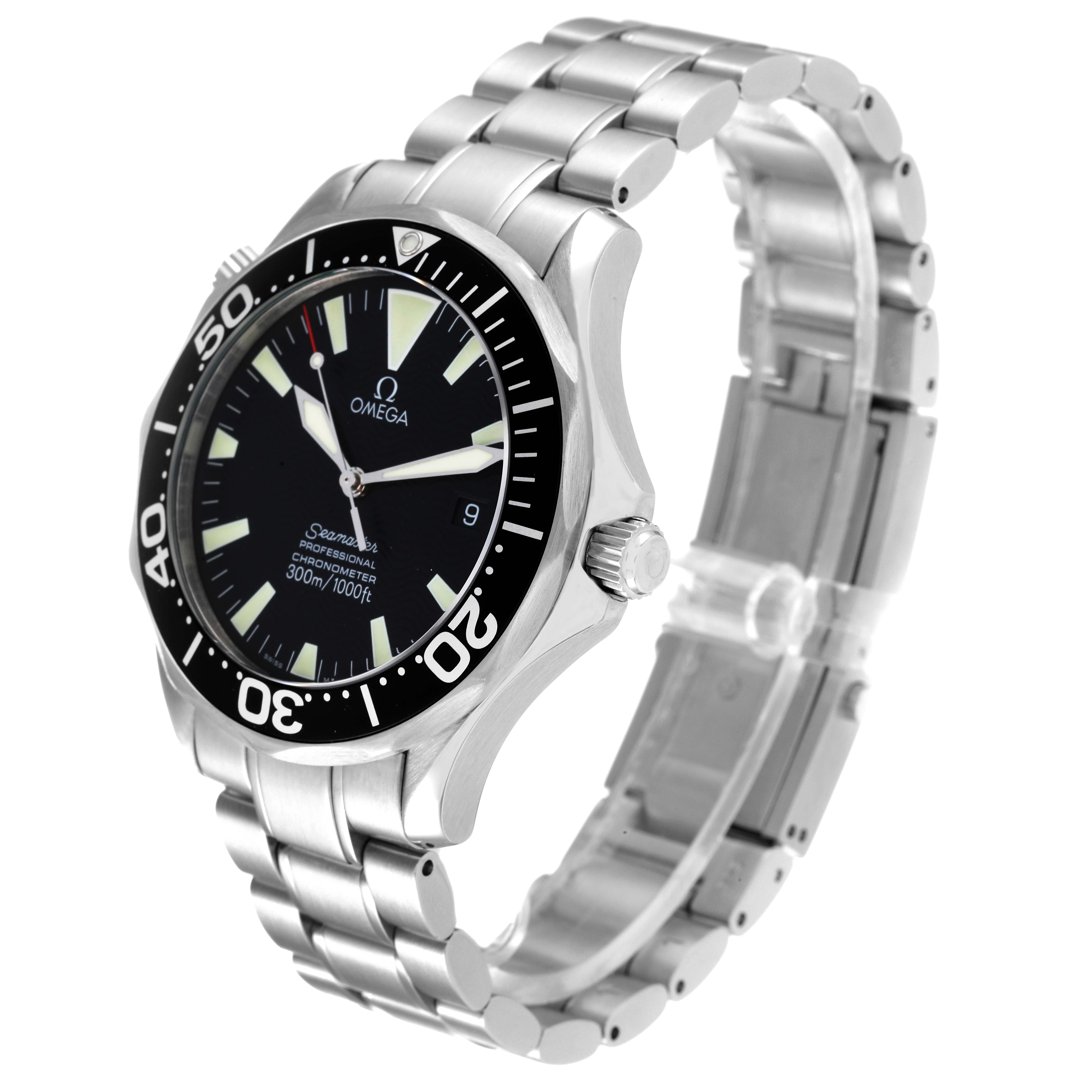 The image shows an angled side view of the Omega Seamaster 2254.50.00 Men's Stainless Steel Black Dial 2254.50.00 Men's Stainless Steel Black Dial watch, highlighting its face, bezel, and bracelet.