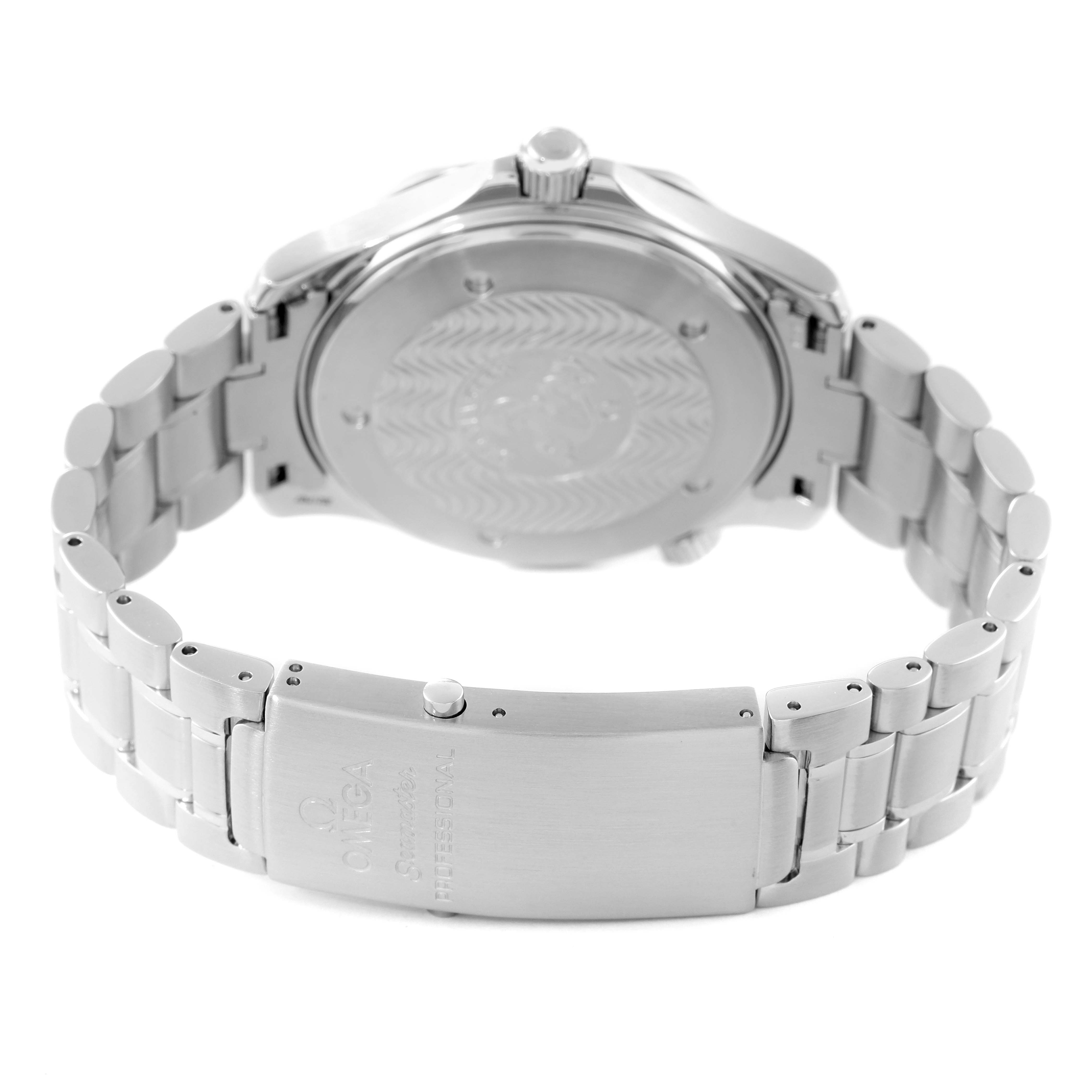 The image shows the back view of an Omega Seamaster 2254.50.00 Men's Stainless Steel Black Dial 2254.50.00 Men's Stainless Steel Black Dial watch, showcasing its clasp, bracelet, and case back.