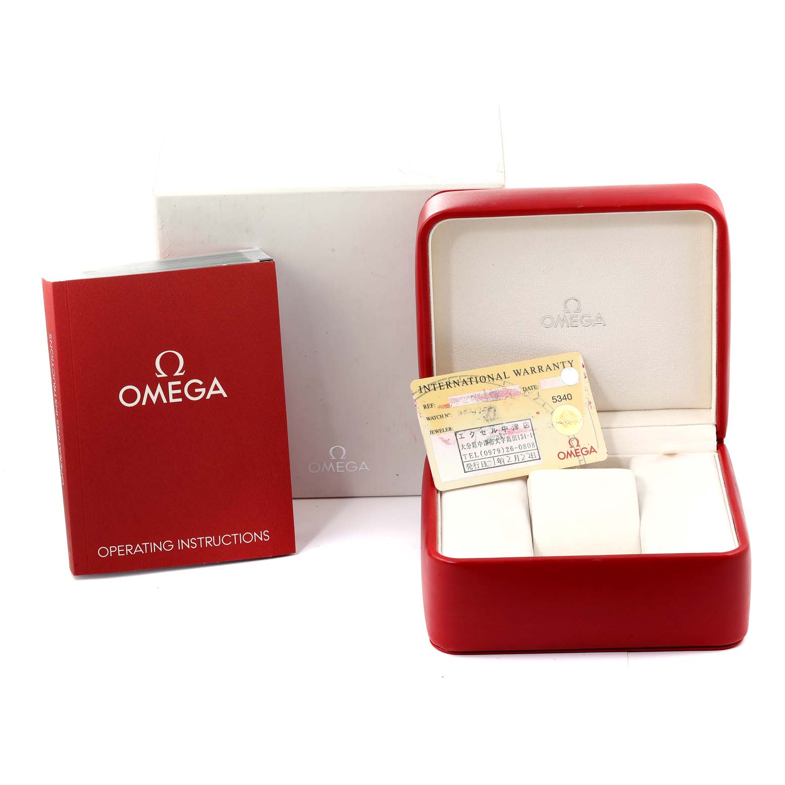 The image shows the packaging, warranty card, and operating instructions for the Omega Seamaster 2254.50.00 Men's Stainless Steel Black Dial 2254.50.00 Men's Stainless Steel Black Dial model.