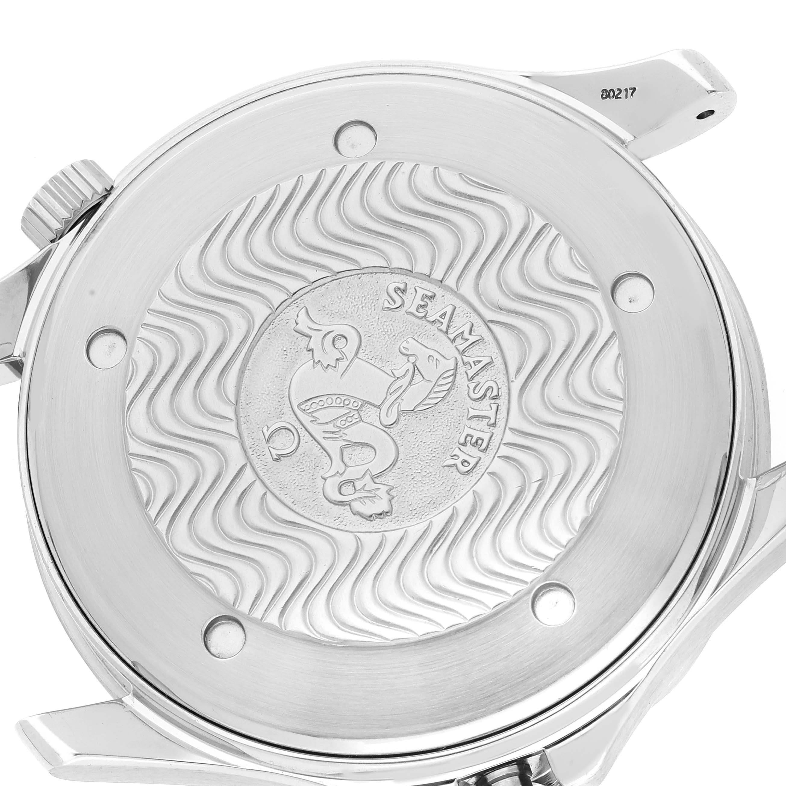 The image shows the back case of an Omega Seamaster 2254.50.00 Men's Stainless Steel Black Dial 2254.50.00 Men's Stainless Steel Black Dial watch from a straight down angle.