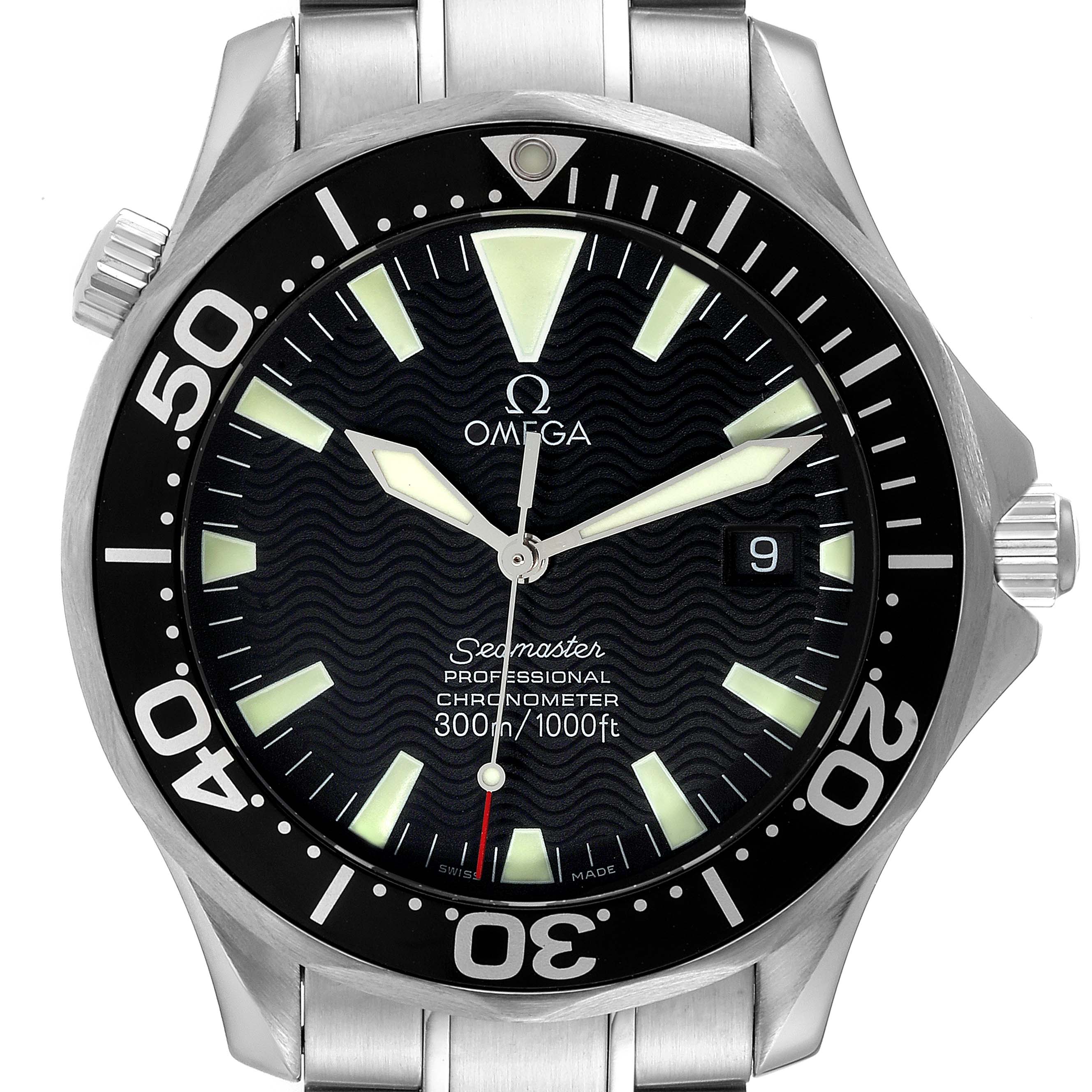 The image shows a front view of the Omega Seamaster 2254.50.00 Men's Stainless Steel Black Dial 2254.50.00 Men's Stainless Steel Black Dial watch, highlighting its dial, bezel, and steel bracelet.