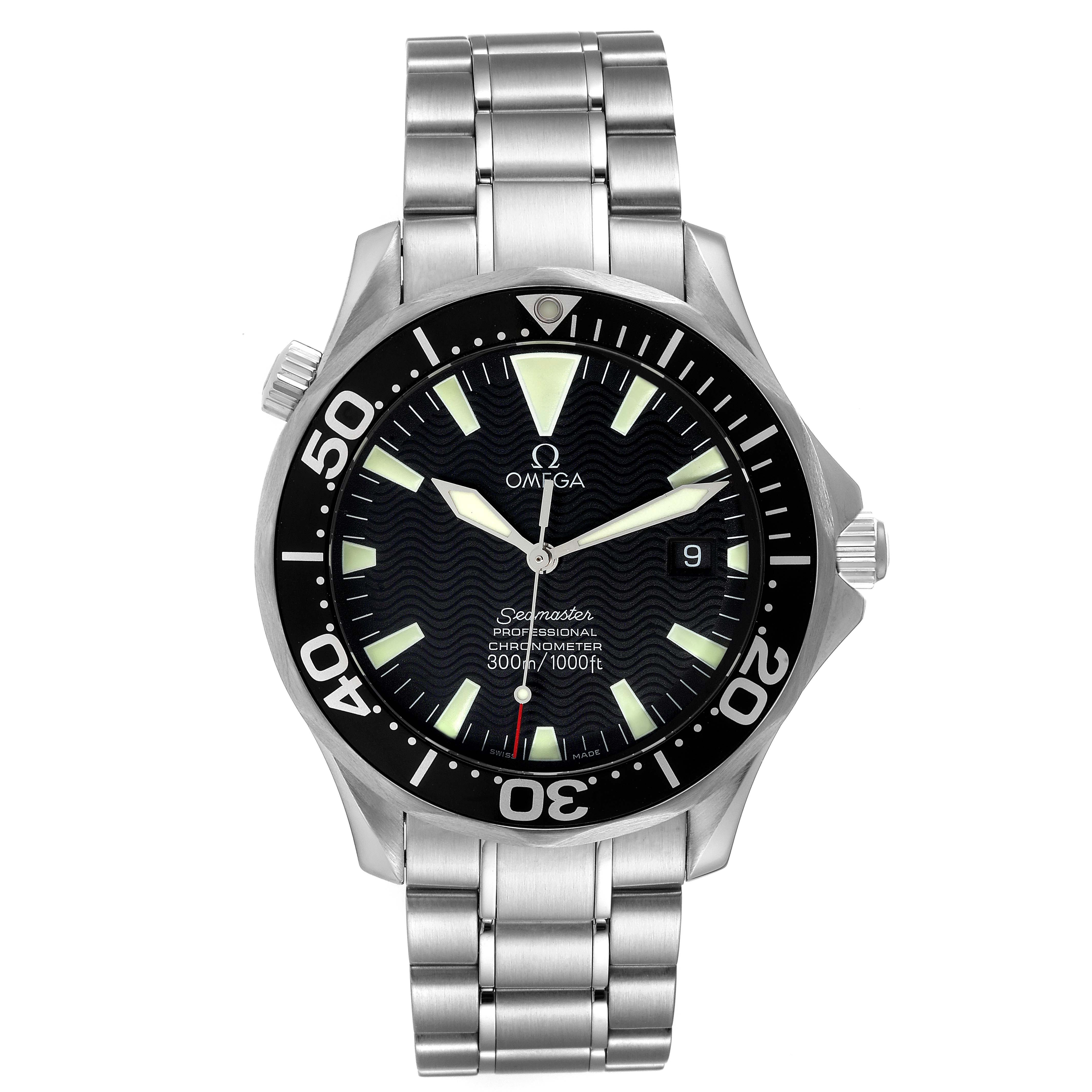 The image shows a front view of the Omega Seamaster 2254.50.00 Men's Stainless Steel Black Dial 2254.50.00 Men's Stainless Steel Black Dial with a metal bracelet and visible date display.
