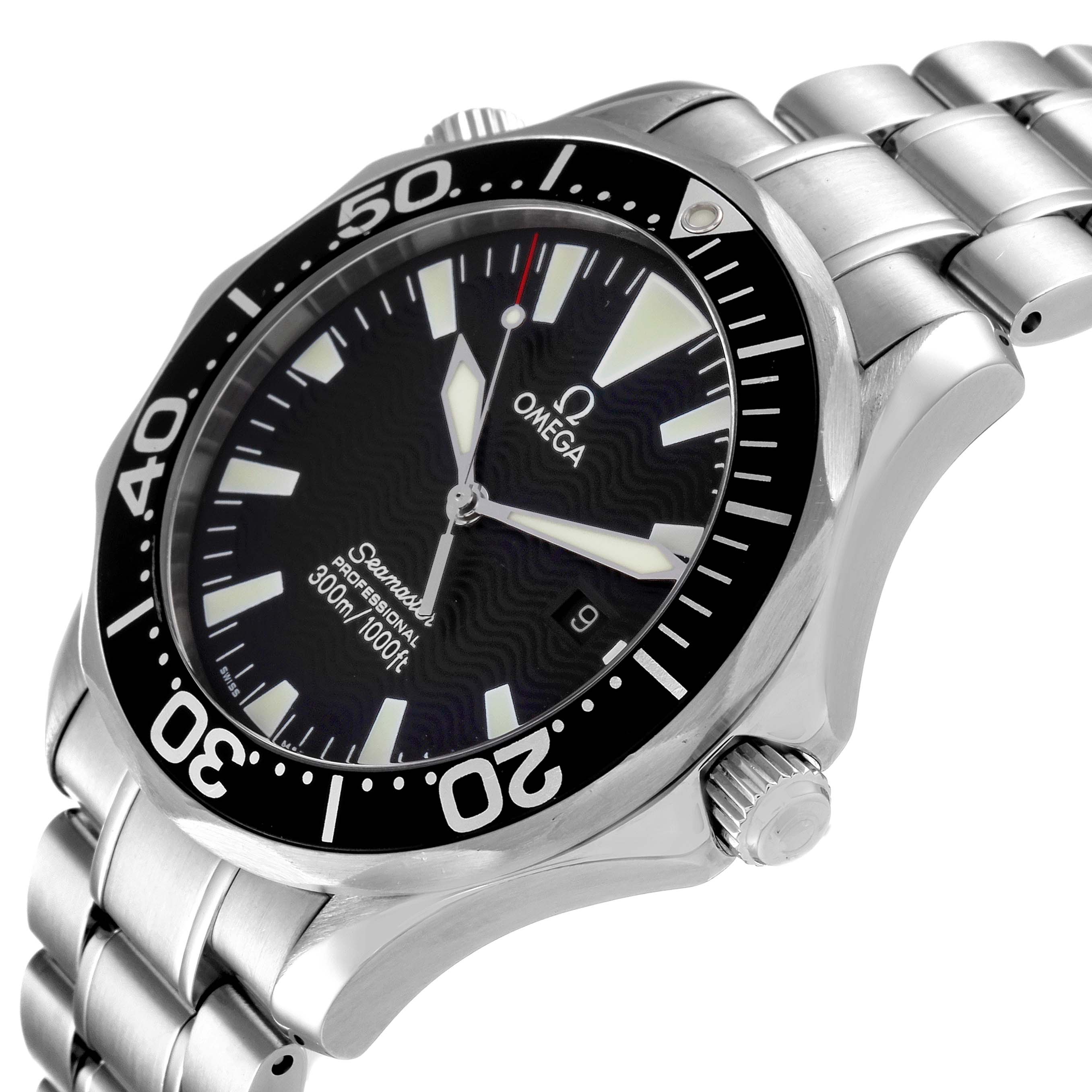 The image shows an Omega Seamaster 2264.50.00 Men's Stainless Steel Black Dial 2264.50.00 Men's Stainless Steel Black Dial watch at an angled view, highlighting the face, bezel, and part of the bracelet.
