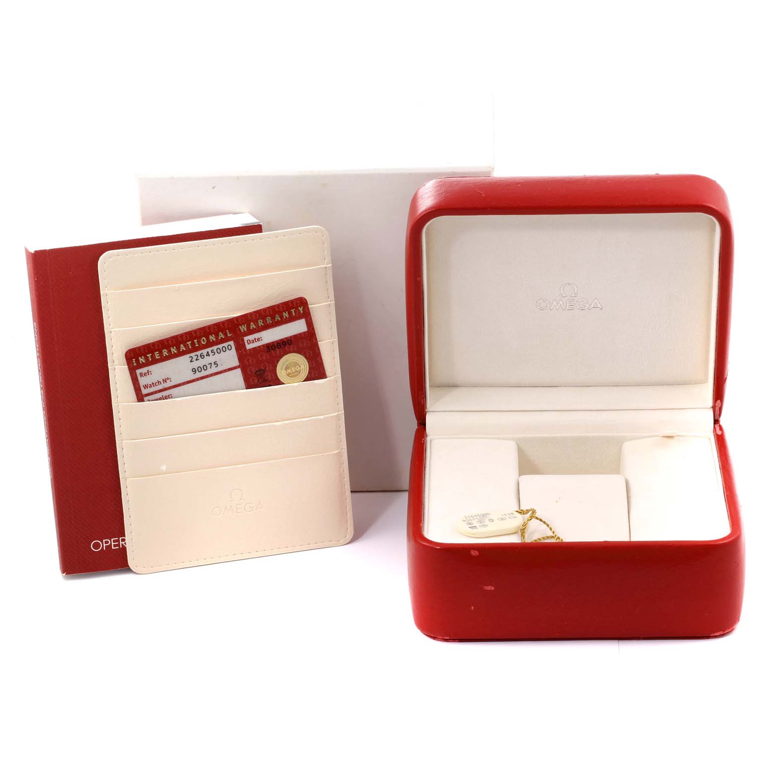 The image shows a red Omega watch box for the Seamaster model, along with a warranty card and an operating manual.