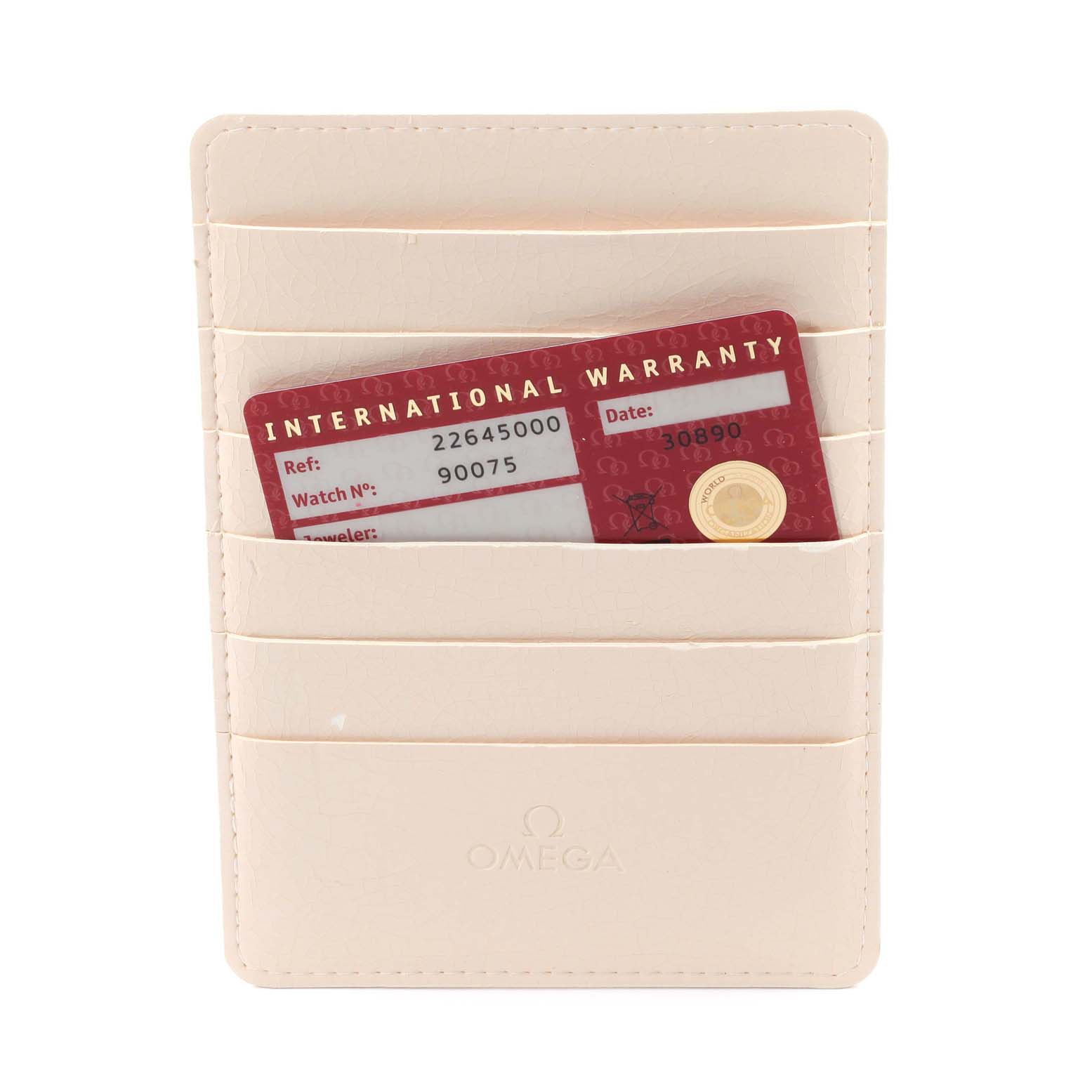 This image shows an Omega Seamaster 2264.50.00 Men's Stainless Steel Black Dial 2264.50.00 Men's Stainless Steel Black Dial International Warranty card in a beige cardholder.