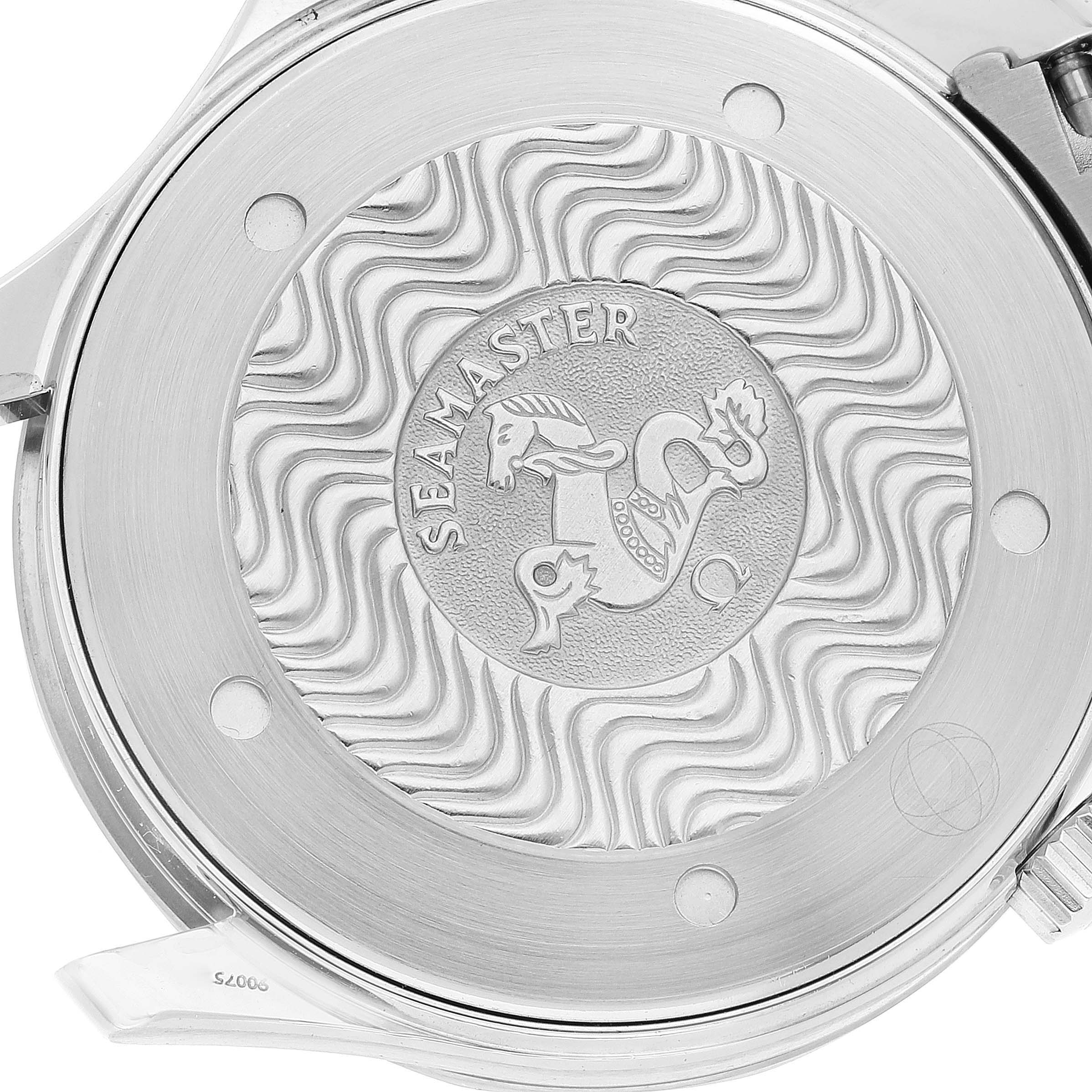 The image shows the case back of an Omega Seamaster 2264.50.00 Men's Stainless Steel Black Dial 2264.50.00 Men's Stainless Steel Black Dial watch, featuring its emblem and the wave pattern design.
