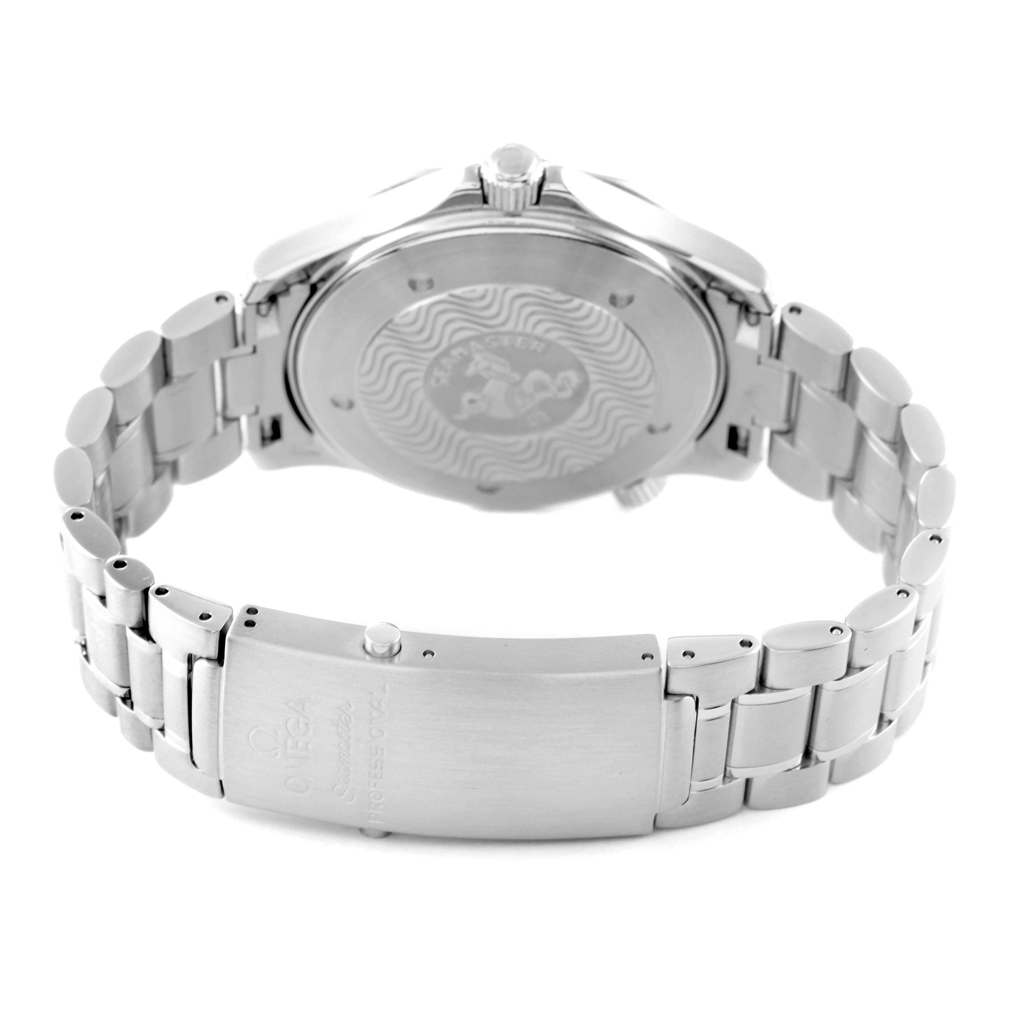 The image shows the back case and clasp of the Omega Seamaster 2264.50.00 Men's Stainless Steel Black Dial 2264.50.00 Men's Stainless Steel Black Dial watch, highlighting its bracelet and engraved details.