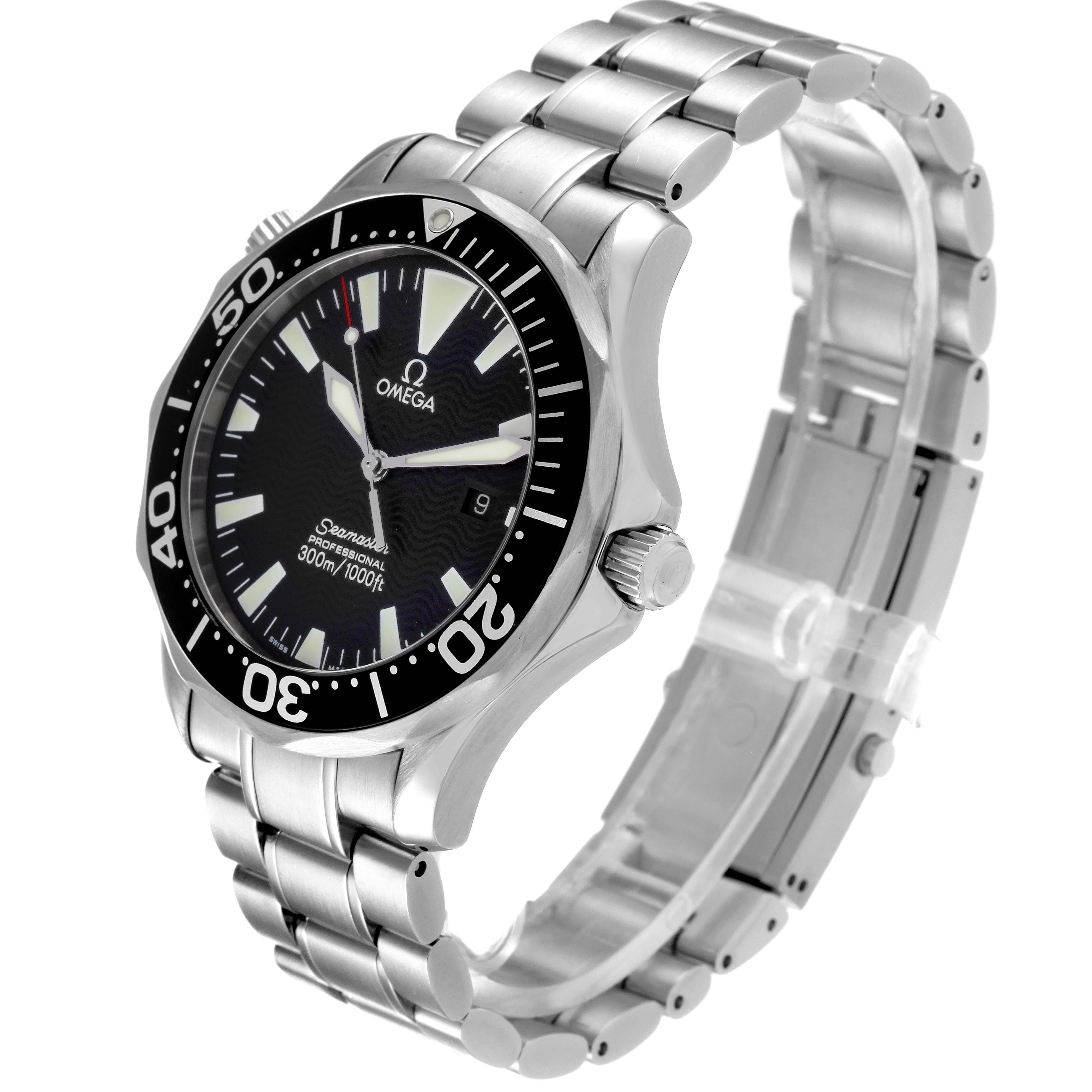 The Omega Seamaster 2264.50.00 Men's Stainless Steel Black Dial 2264.50.00 Men's Stainless Steel Black Dial watch is shown from a three-quarter angle, highlighting the face, bezel, and metal bracelet.