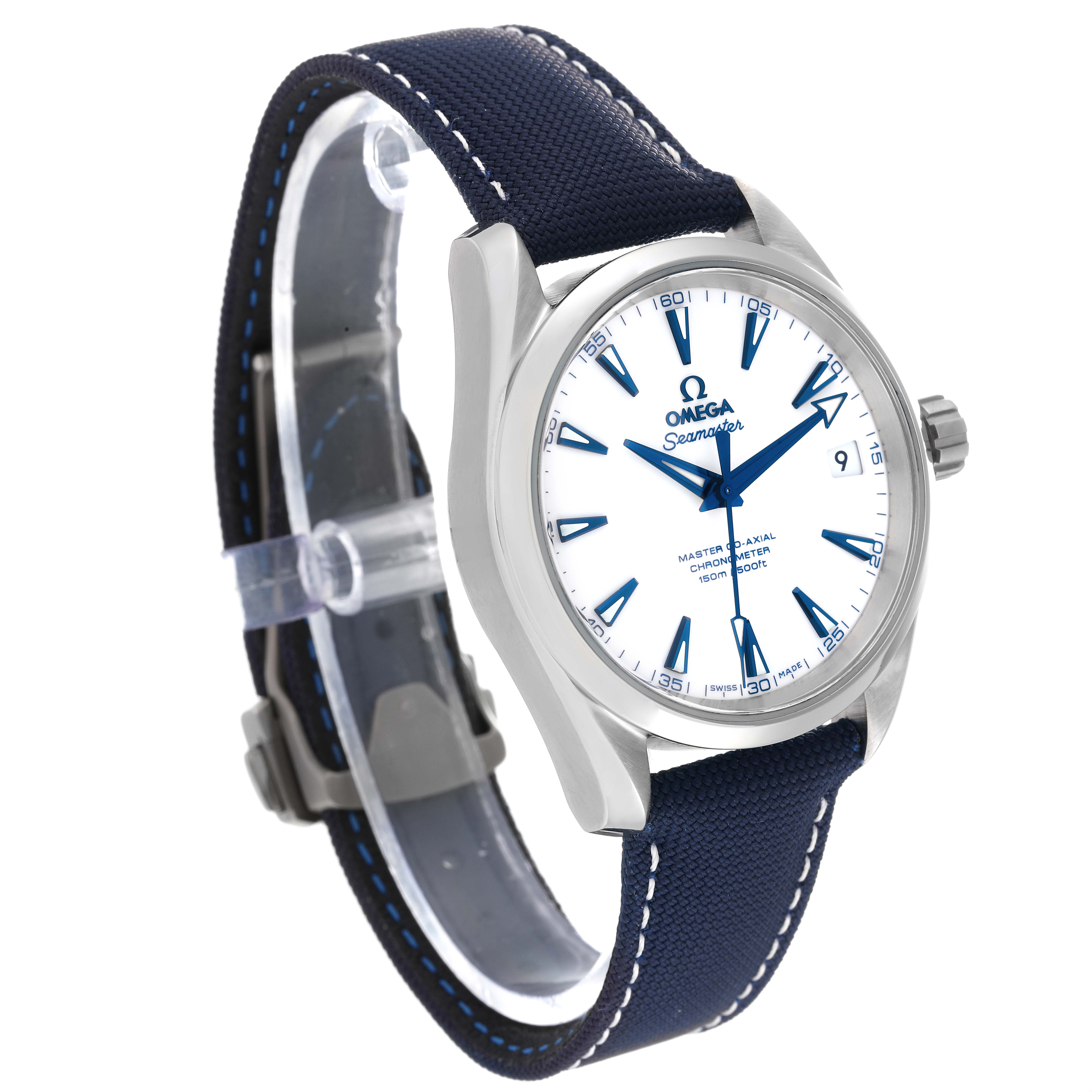 The image displays the Omega Aqua Terra 231.92.39.21.04.001 Men's Titanium White Dial 231.92.39.21.04.001 Men's Titanium White Dial model watch from a front-side angle, showcasing its face and blue strap.