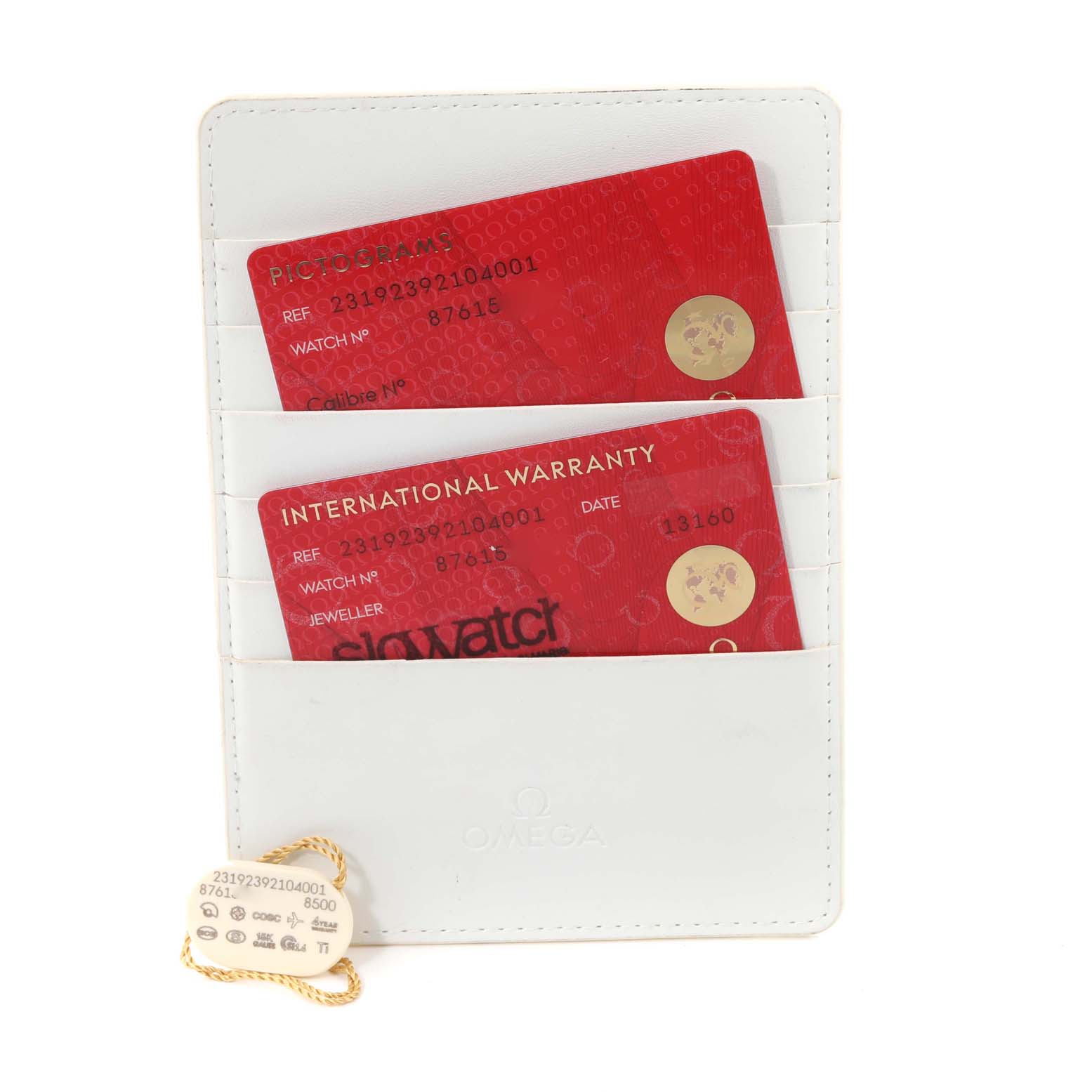 The image shows warranty cards and a hang tag for the Omega Aqua Terra 231.92.39.21.04.001 Men's Titanium White Dial 231.92.39.21.04.001 Men's Titanium White Dial model.