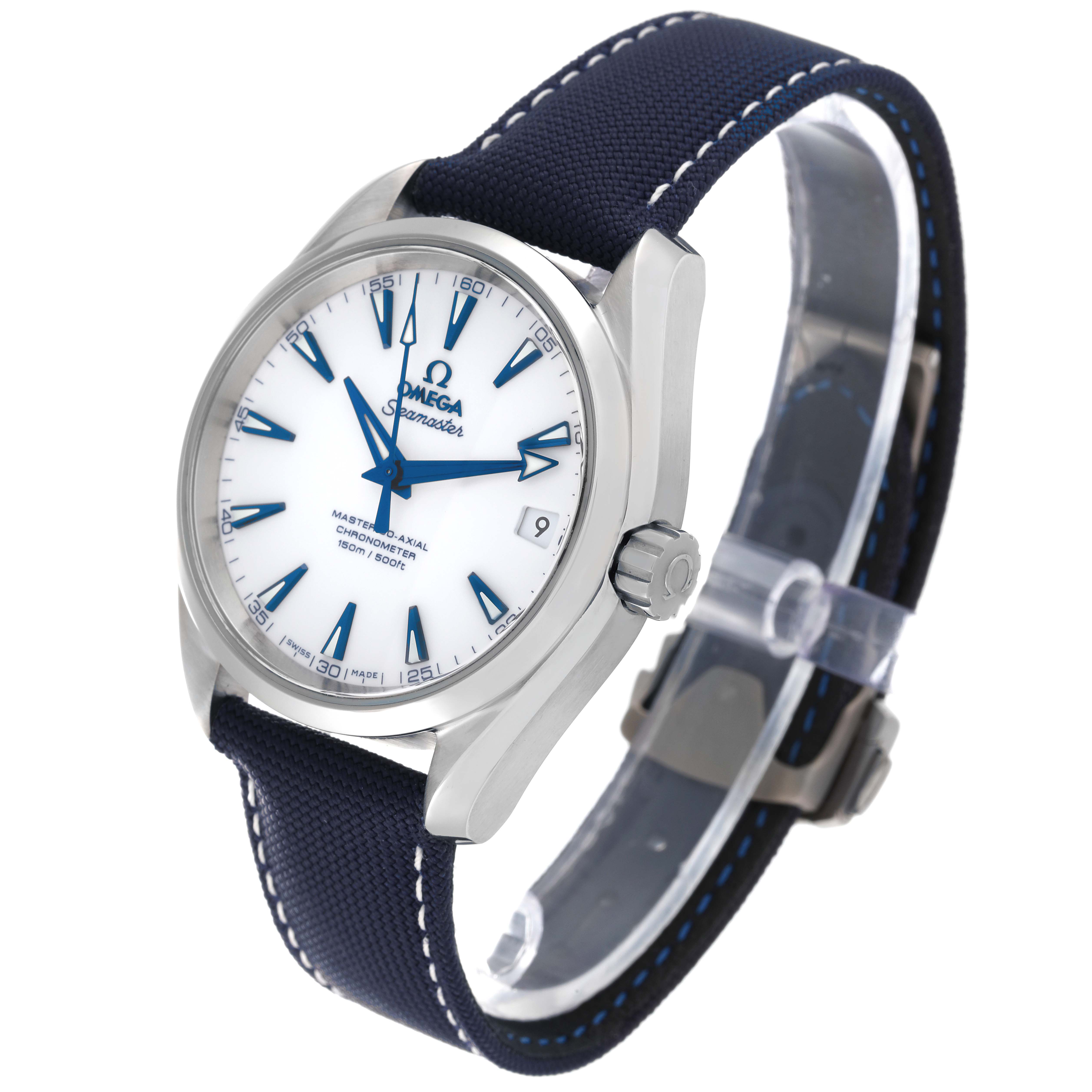 The image shows a side and front angle of the Omega Aqua Terra 231.92.39.21.04.001 Men's Titanium White Dial 231.92.39.21.04.001 Men's Titanium White Dial watch, highlighting the dial, case, crown, and strap.