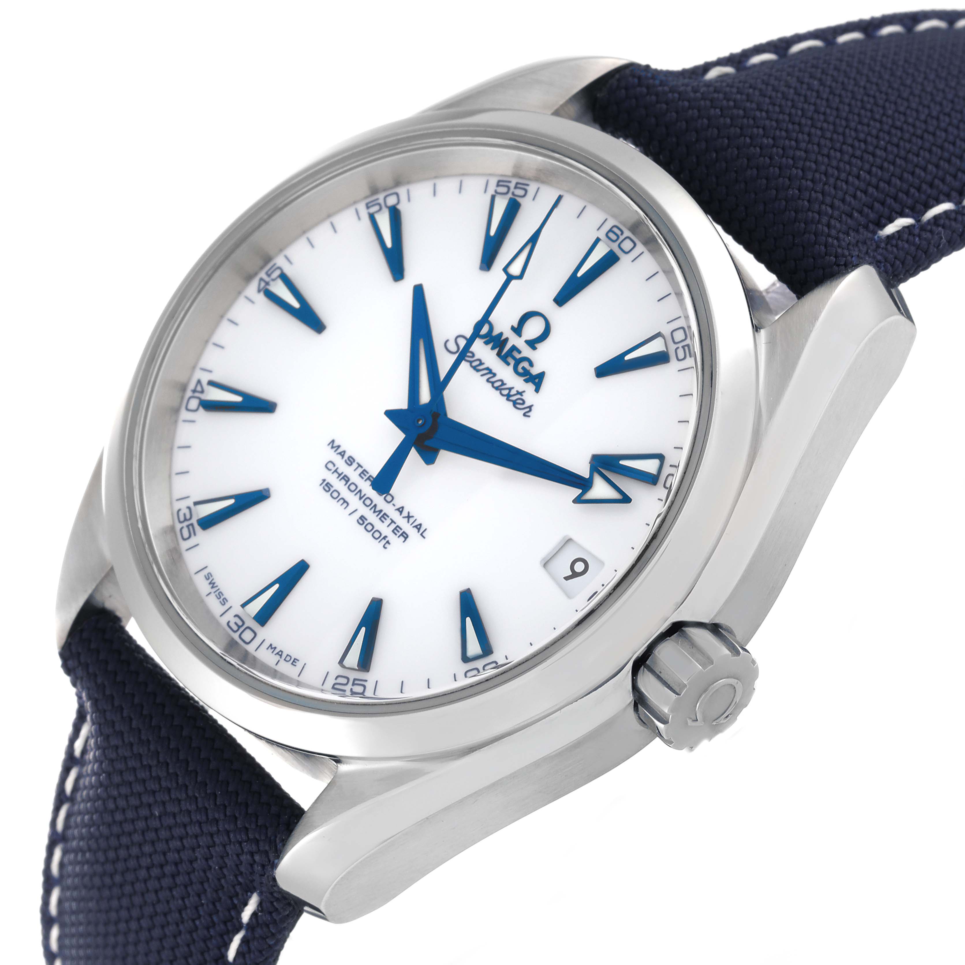 The image shows a close-up of the Omega Aqua Terra 231.92.39.21.04.001 Men's Titanium White Dial 231.92.39.21.04.001 Men's Titanium White Dial watch, highlighting its face, bezel, crown, and part of the strap.