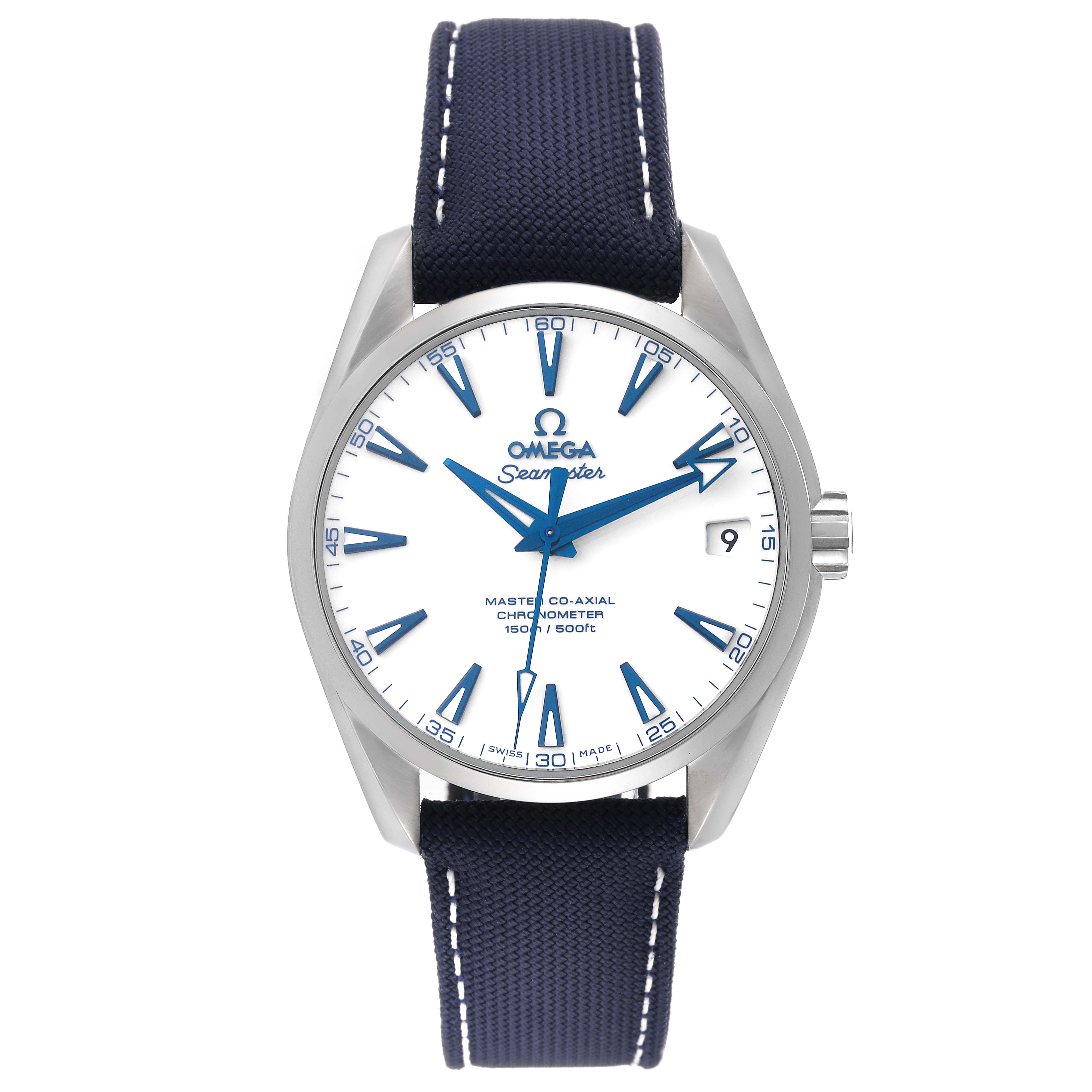 This Omega Aqua Terra 231.92.39.21.04.001 Men's Titanium White Dial 231.92.39.21.04.001 Men's Titanium White Dial watch is shown from a top view, displaying the dial, bezel, case, and strap.