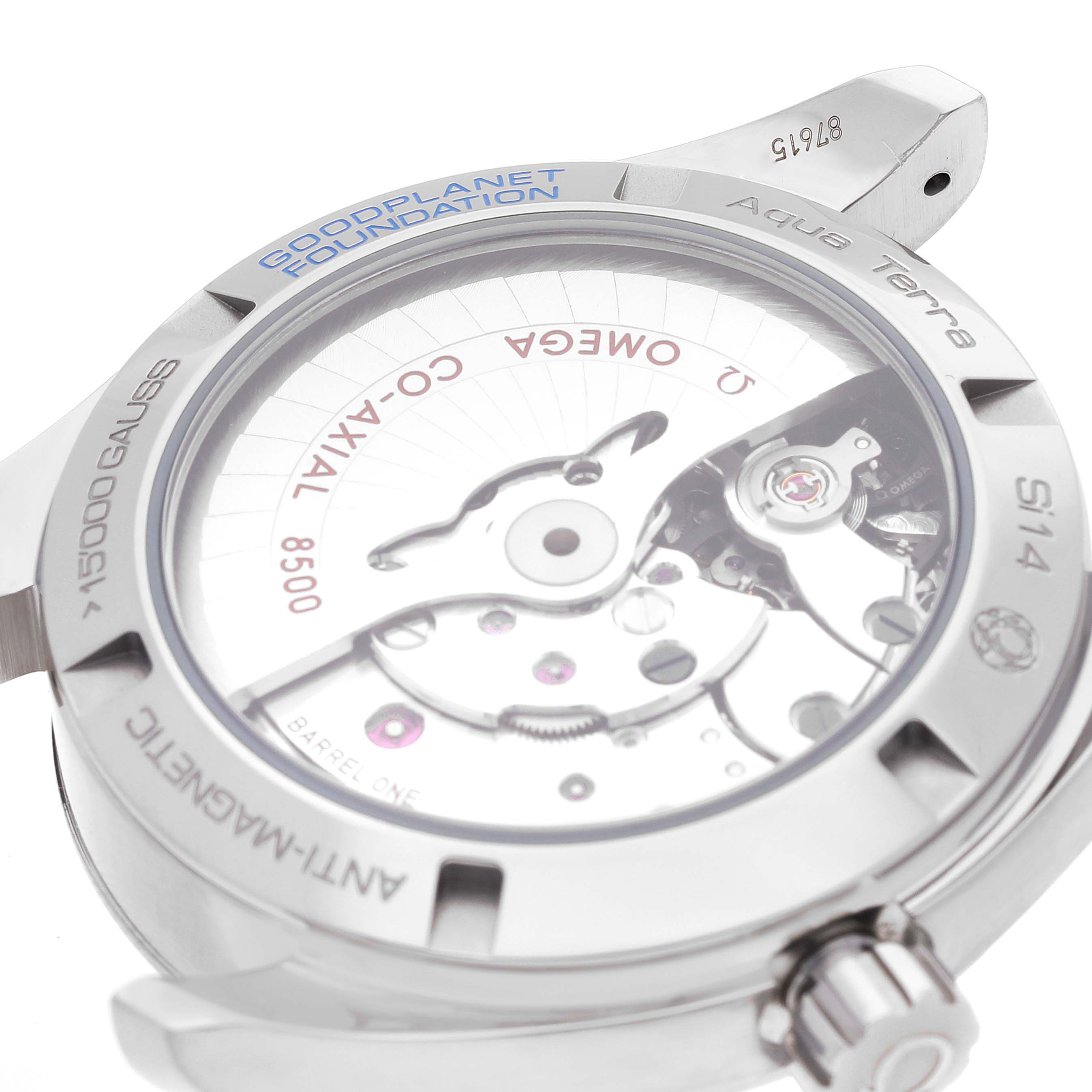 The image shows the back view of the Omega Aqua Terra 231.92.39.21.04.001 Men's Titanium White Dial 231.92.39.21.04.001 Men's Titanium White Dial watch, highlighting the movement and internal mechanics.