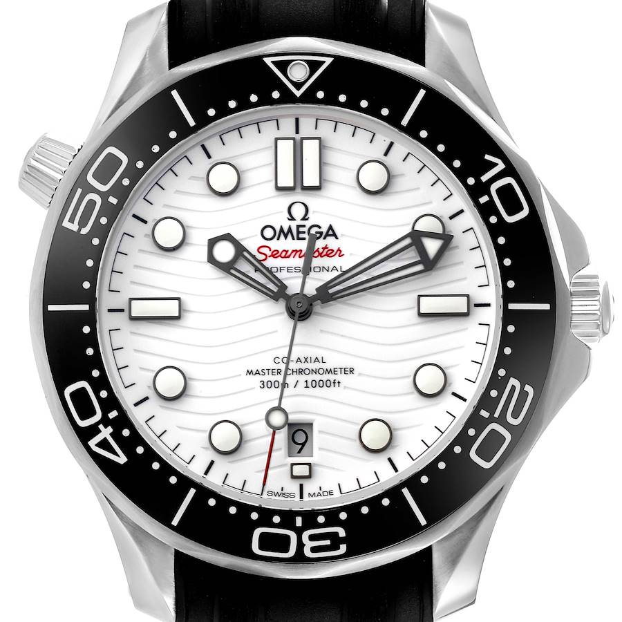 The Omega Seamaster watch is shown from a front angle, displaying the dial, hands, bezel, crown, and part of the strap.