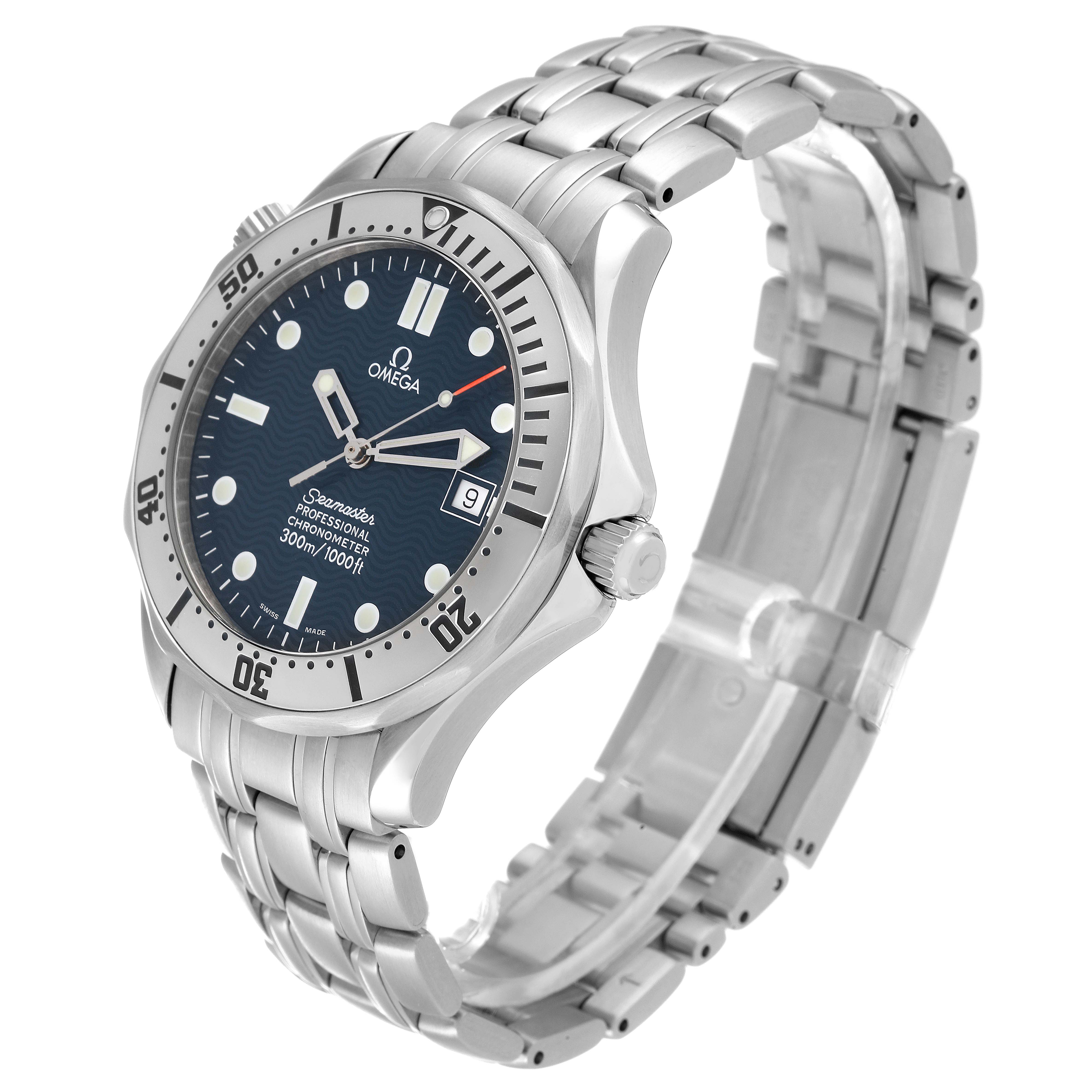 The image shows an angled view of an Omega Seamaster 2532.80.00 Men's Stainless Steel Blue Dial 2532.80.00 Men's Stainless Steel Blue Dial watch, including the bracelet, bezel, dial, and crown.