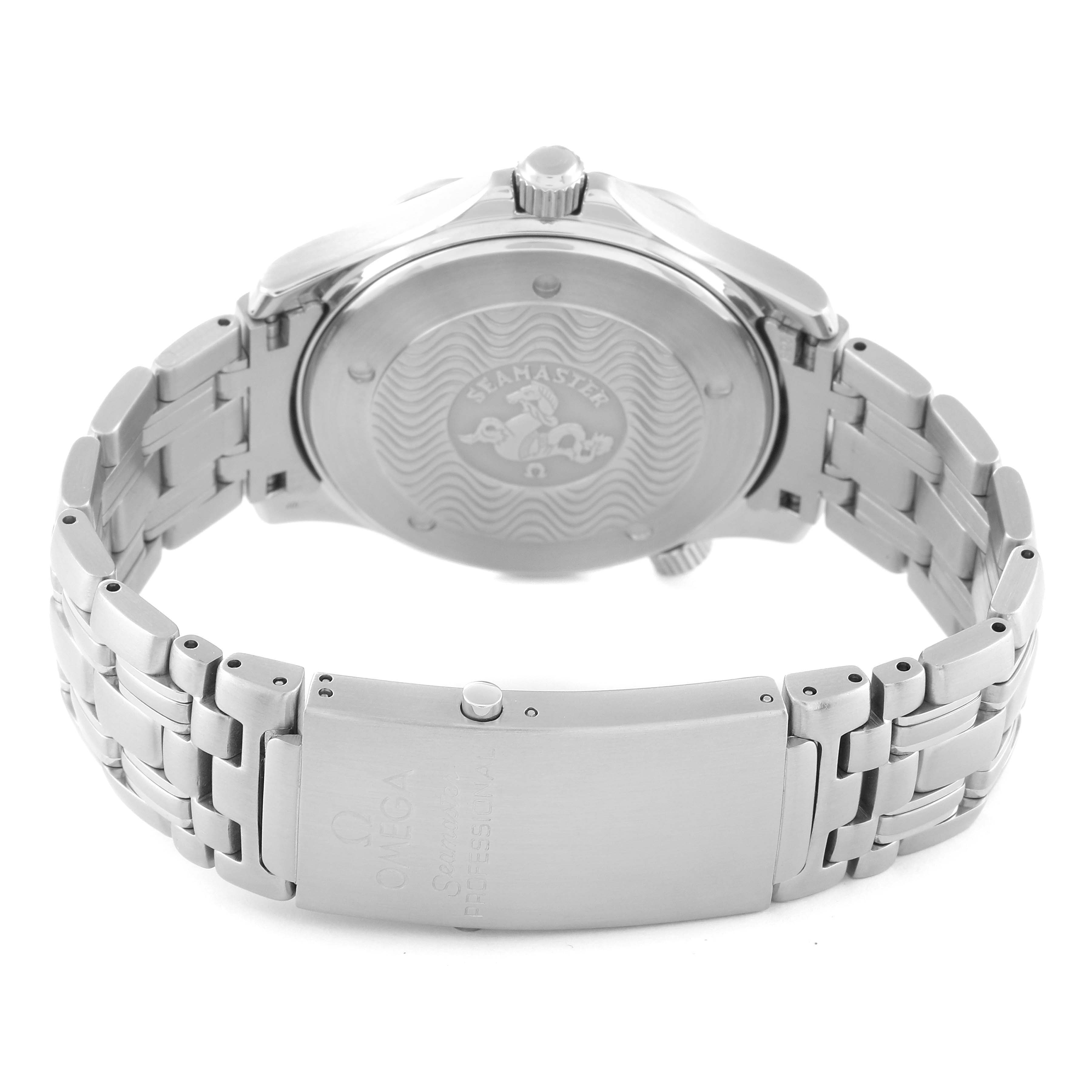 This image shows the back view of an Omega Seamaster 2532.80.00 Men's Stainless Steel Blue Dial 2532.80.00 Men's Stainless Steel Blue Dial watch and its stainless steel bracelet.