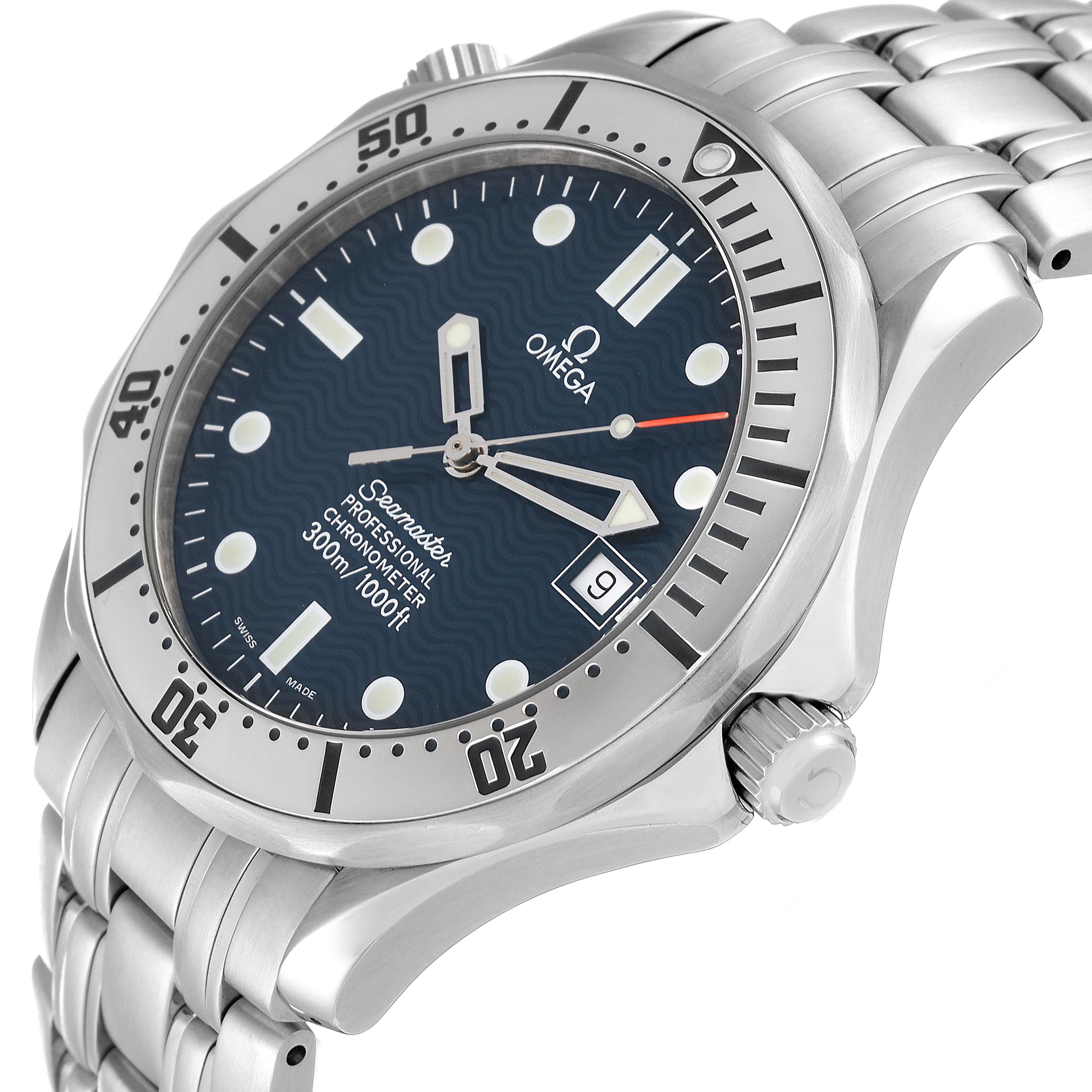The image shows the face and side of an Omega Seamaster 2532.80.00 Men's Stainless Steel Blue Dial 2532.80.00 Men's Stainless Steel Blue Dial watch, highlighting its bezel, crown, bracelet, and dial.