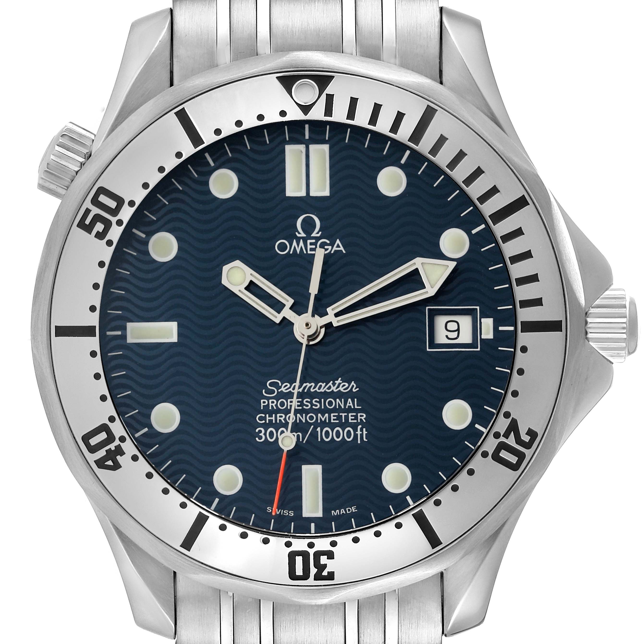 The image shows a front view of an Omega Seamaster 2532.80.00 Men's Stainless Steel Blue Dial 2532.80.00 Men's Stainless Steel Blue Dial watch, highlighting its bezel, dial, hands, and date window.