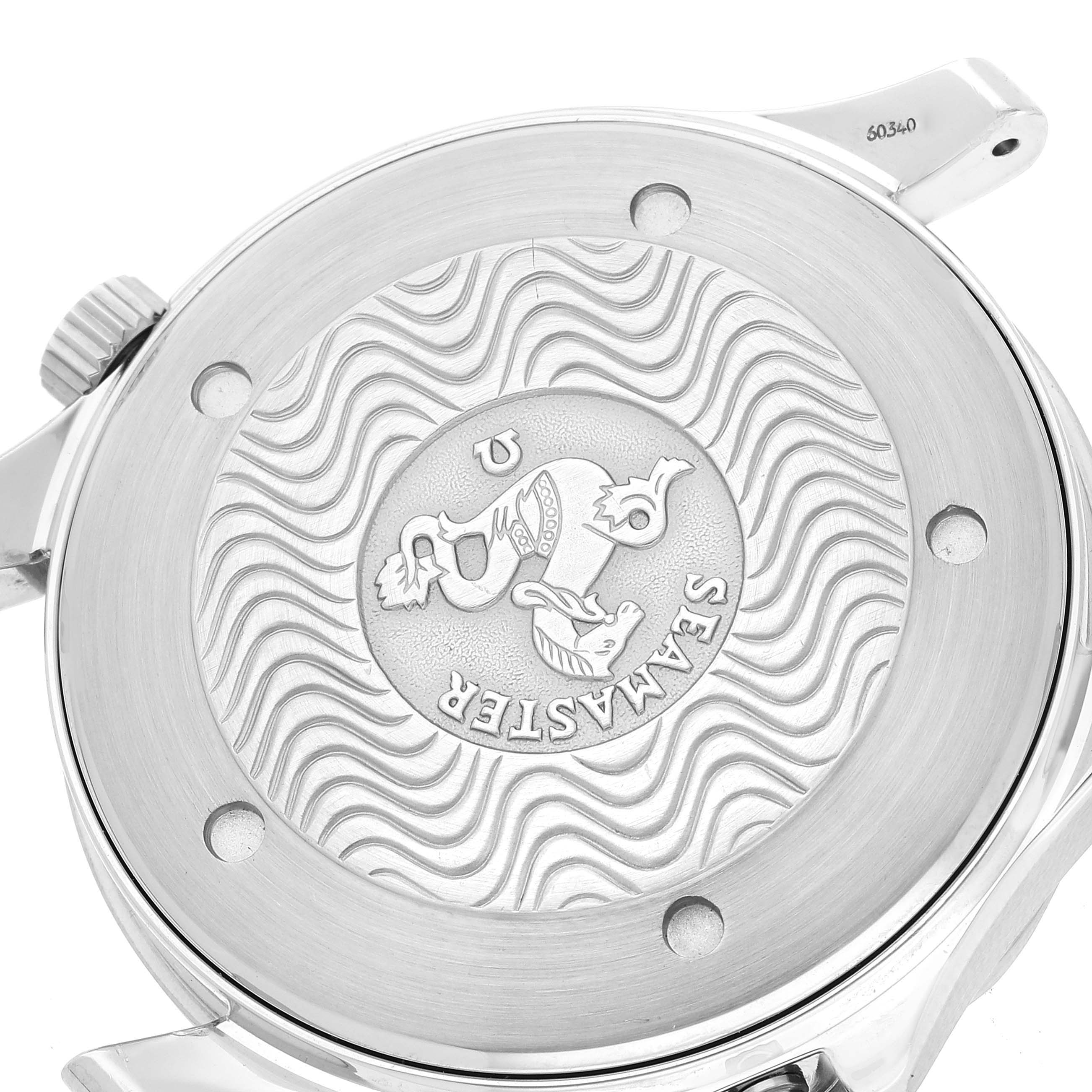 This image shows the case back of an Omega Seamaster 2532.80.00 Men's Stainless Steel Blue Dial 2532.80.00 Men's Stainless Steel Blue Dial watch, featuring the engraved logo.