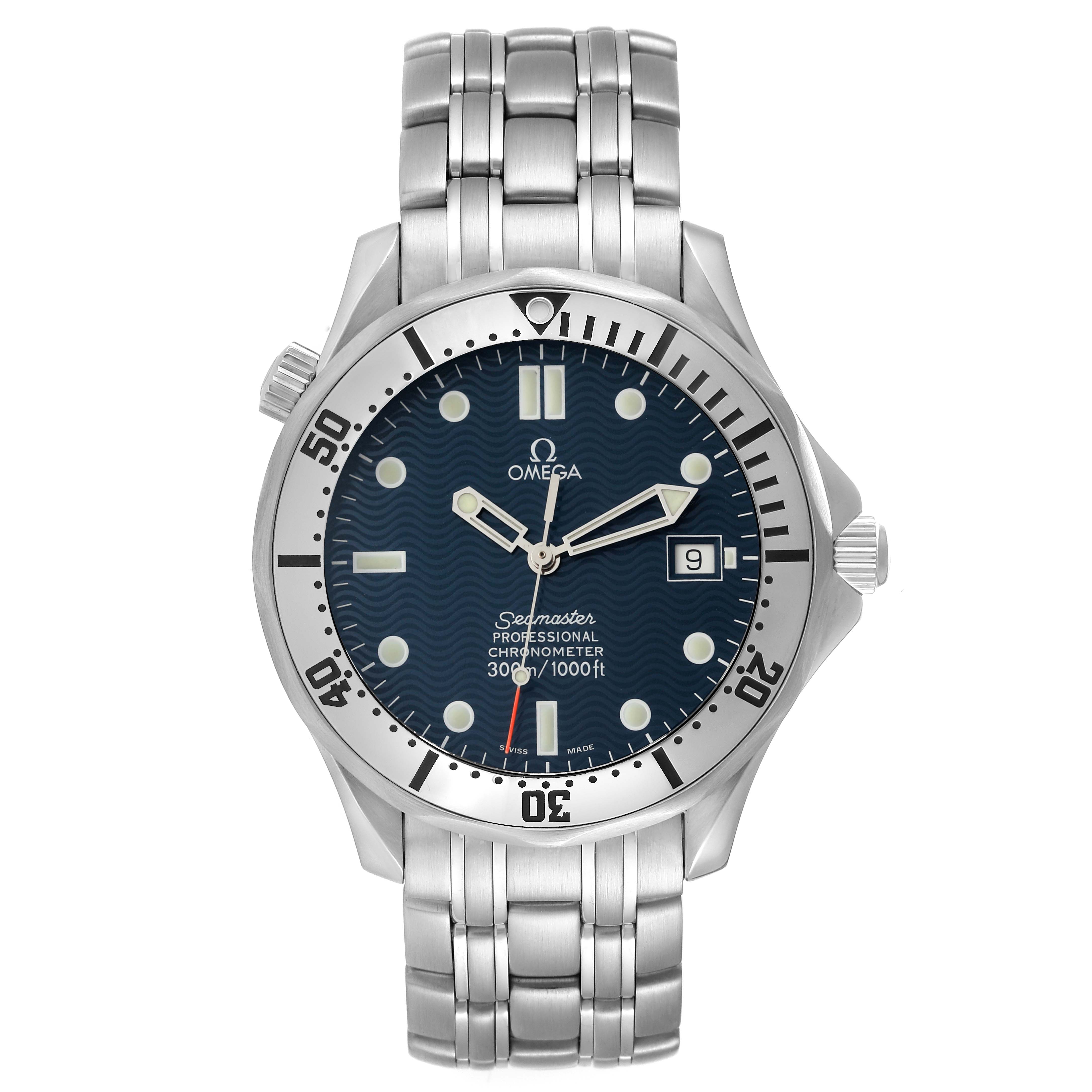This Omega Seamaster 2532.80.00 Men's Stainless Steel Blue Dial 2532.80.00 Men's Stainless Steel Blue Dial watch is shown from a front angle, displaying the dial, bezel, hands, and bracelet.