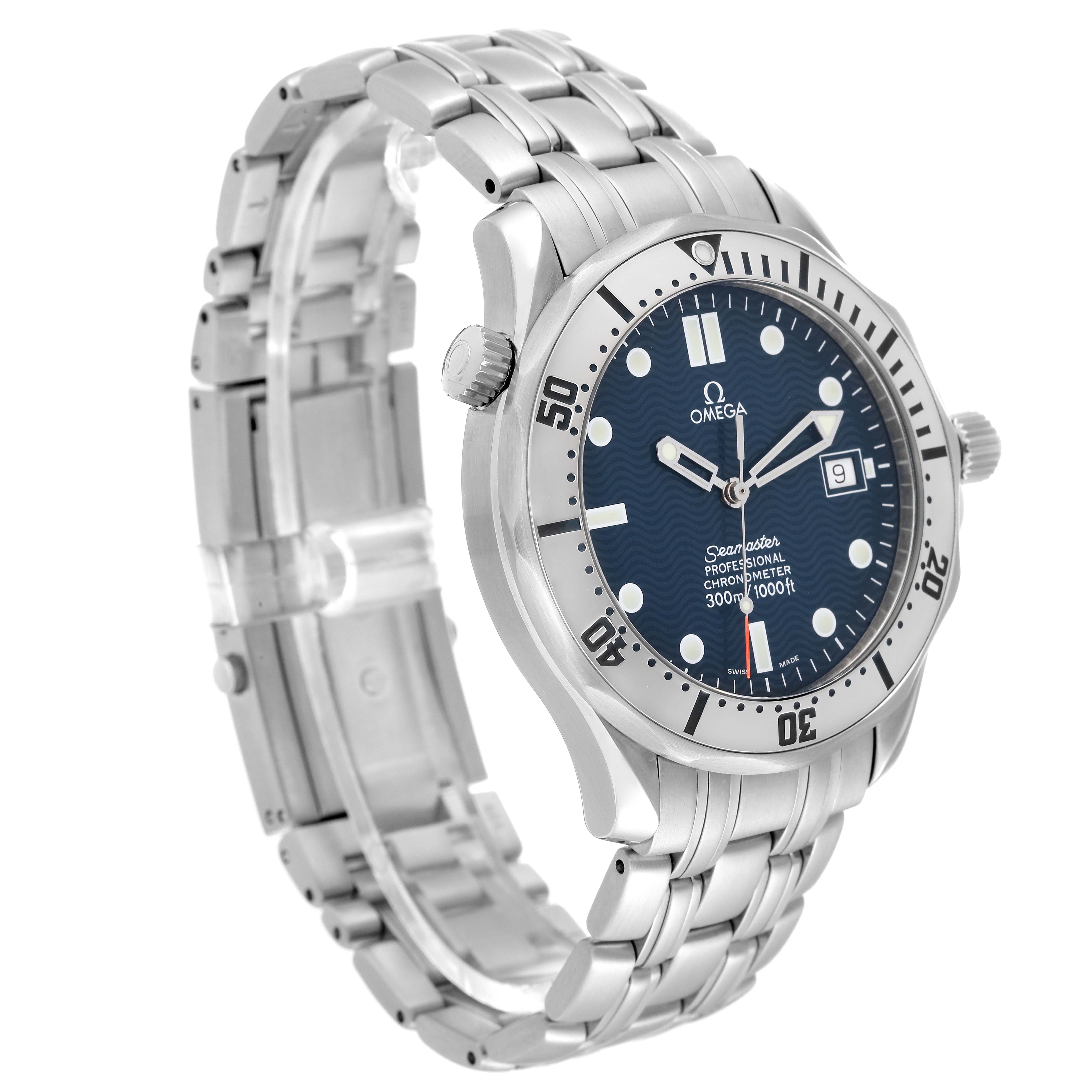 The image shows a side and front angle of an Omega Seamaster 2532.80.00 Men's Stainless Steel Blue Dial 2532.80.00 Men's Stainless Steel Blue Dial watch, highlighting its bezel, dial, and stainless steel bracelet.