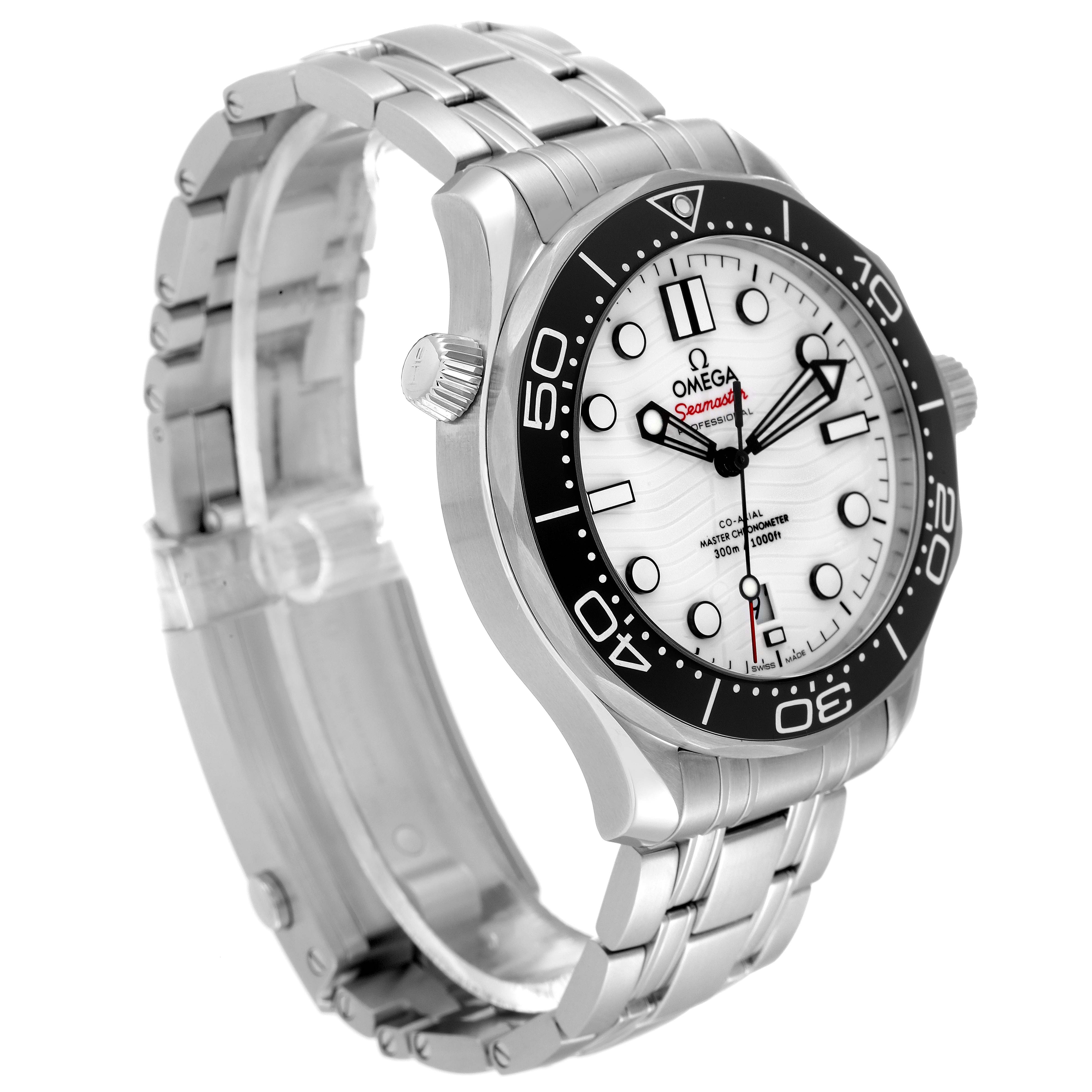 The image shows an angled view of the Omega Seamaster 210.30.42.20.04.001 Men's Stainless Steel White Dial 210.30.42.20.04.001 Men's Stainless Steel White Dial watch, featuring its bezel, dial, crown, and bracelet.