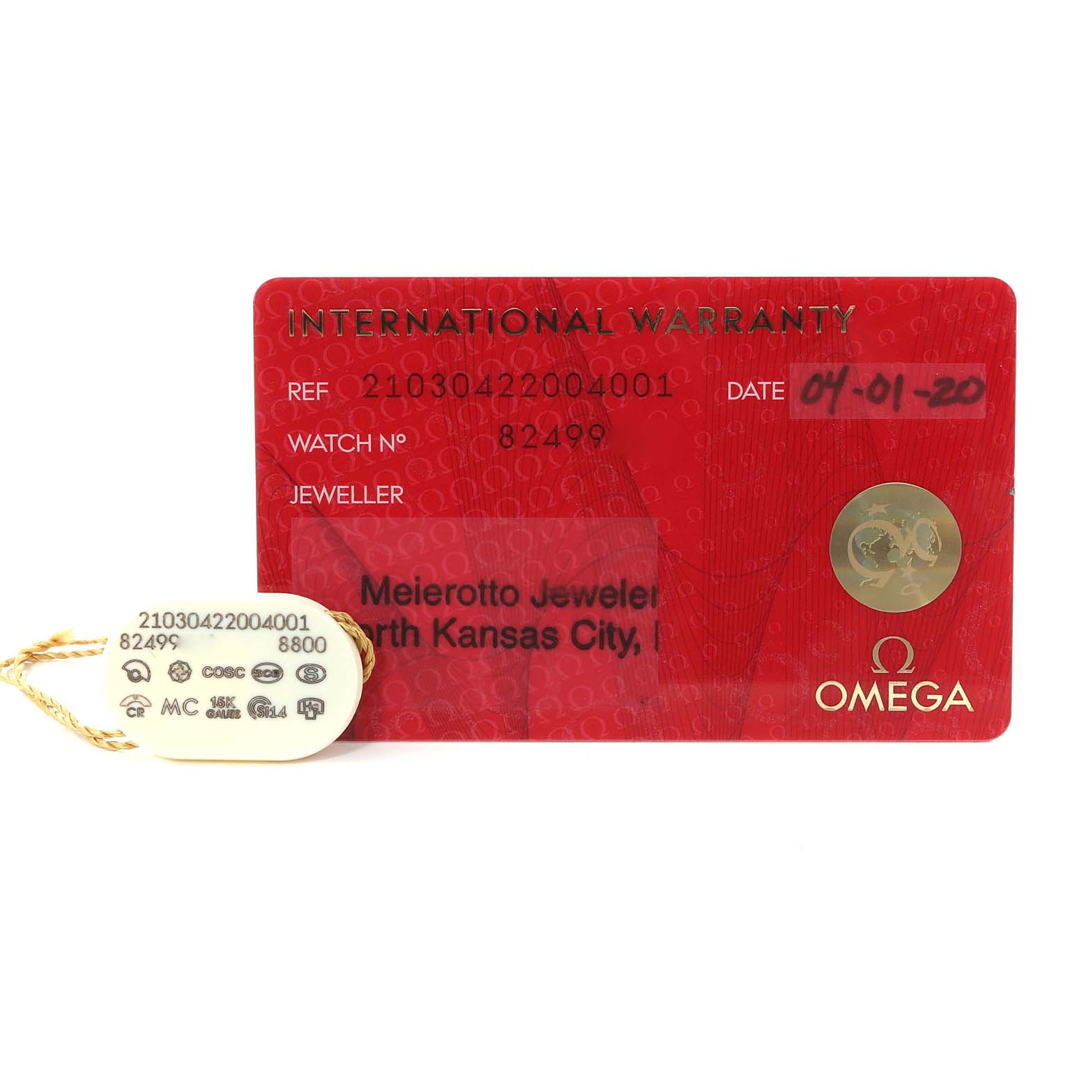 The image shows the International Warranty card and product tag for an Omega Seamaster 210.30.42.20.04.001 Men's Stainless Steel White Dial 210.30.42.20.04.001 Men's Stainless Steel White Dial watch.