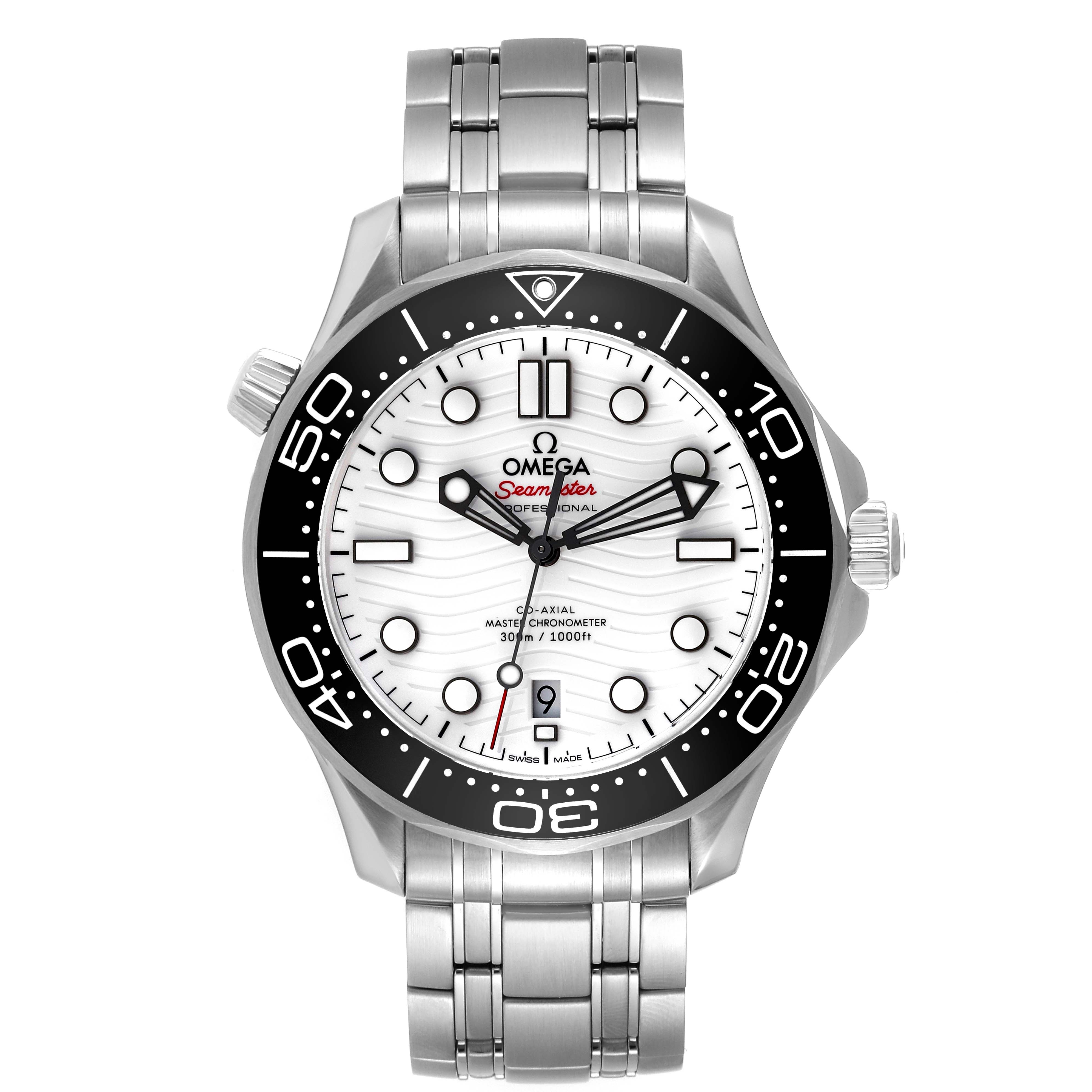 This image shows a frontal view of the Omega Seamaster 210.30.42.20.04.001 Men's Stainless Steel White Dial 210.30.42.20.04.001 Men's Stainless Steel White Dial watch, highlighting its dial, bezel, and bracelet.