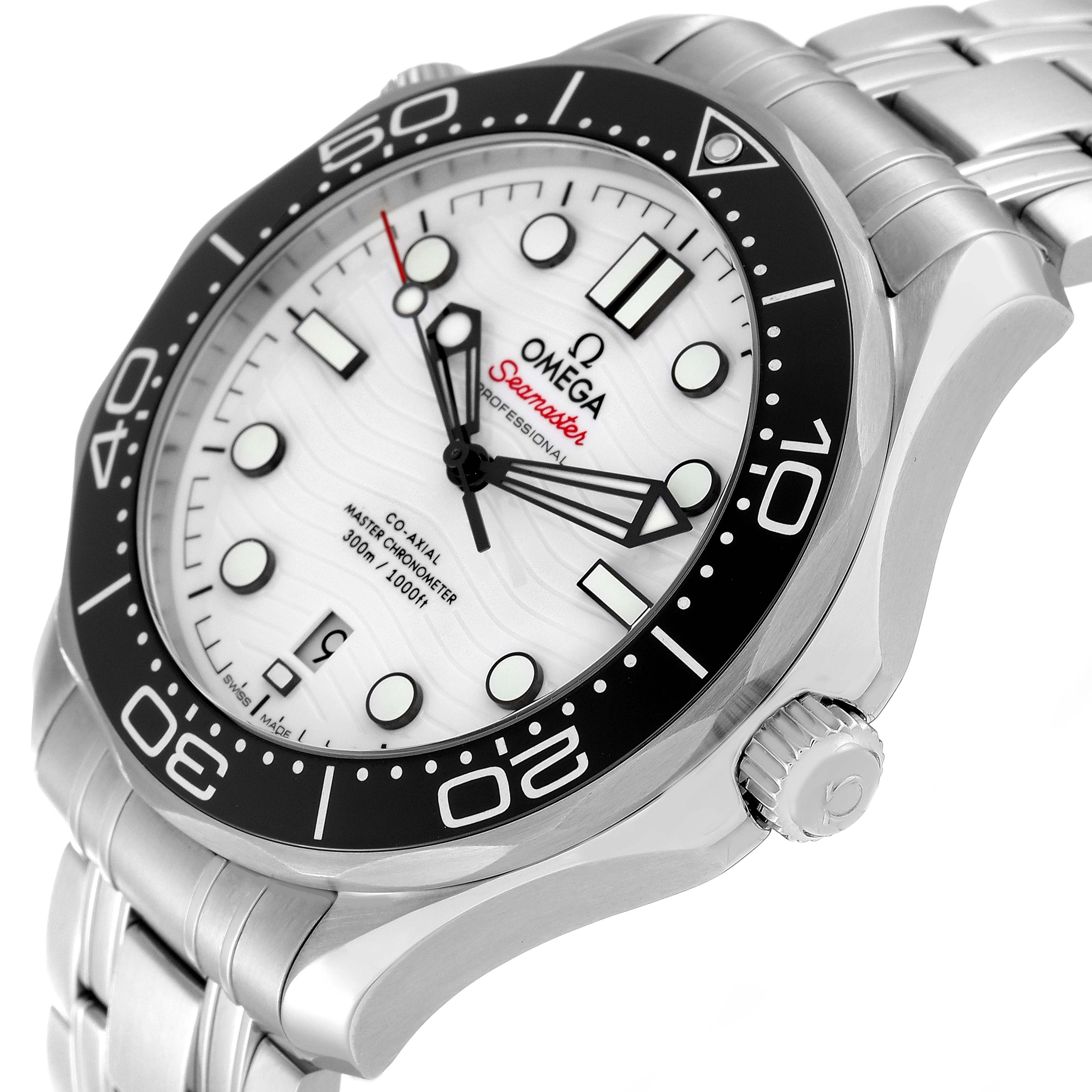 The image shows an angled close-up view of the Omega Seamaster 210.30.42.20.04.001 Men's Stainless Steel White Dial 210.30.42.20.04.001 Men's Stainless Steel White Dial watch face and its bezel, crown, and bracelet.