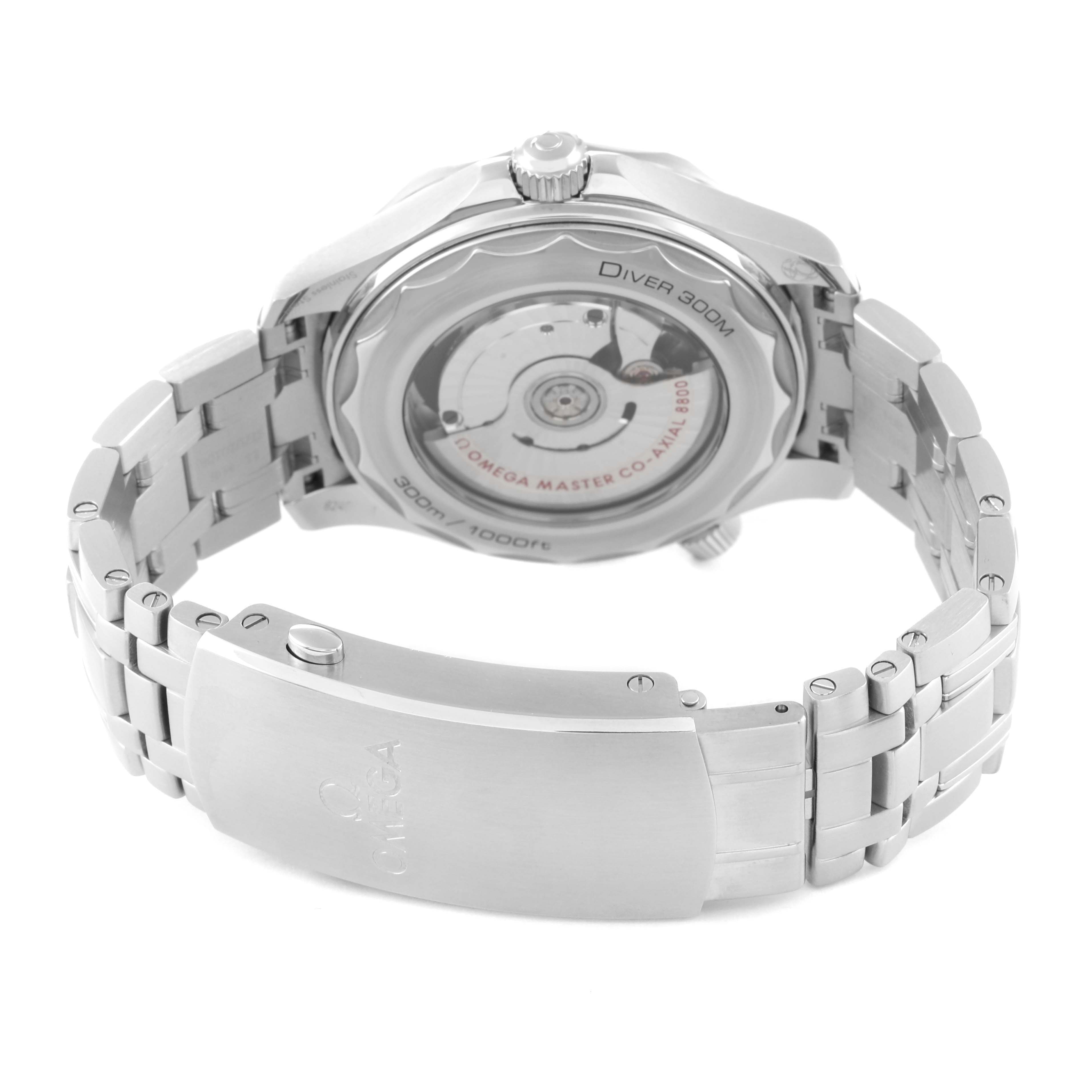 The image shows the back view, bracelet, and clasp of the Omega Seamaster 210.30.42.20.04.001 Men's Stainless Steel White Dial 210.30.42.20.04.001 Men's Stainless Steel White Dial watch.