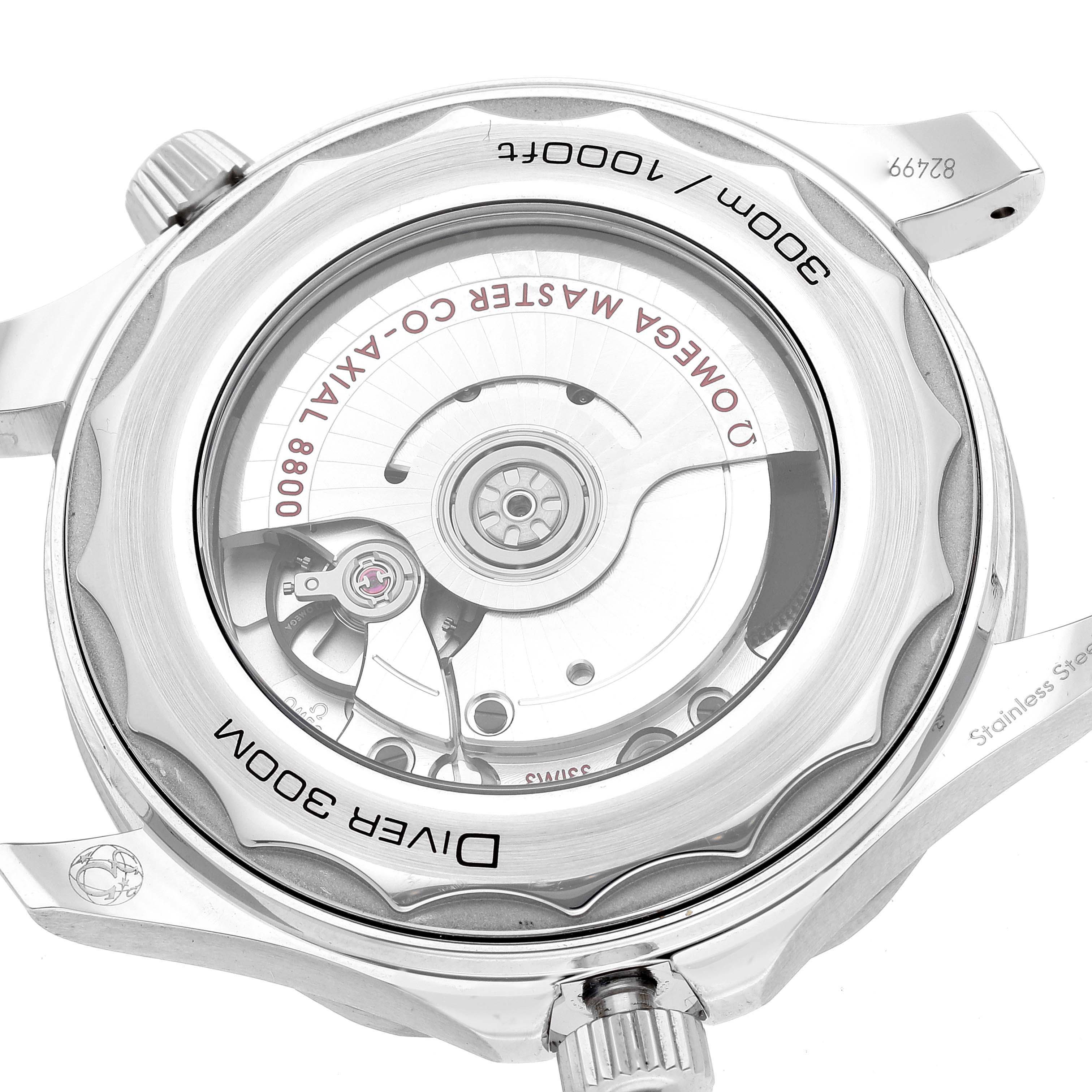 The image shows the back case of the Omega Seamaster 210.30.42.20.04.001 Men's Stainless Steel White Dial 210.30.42.20.04.001 Men's Stainless Steel White Dial watch, revealing the Co-Axial 8800 movement and various engravings.