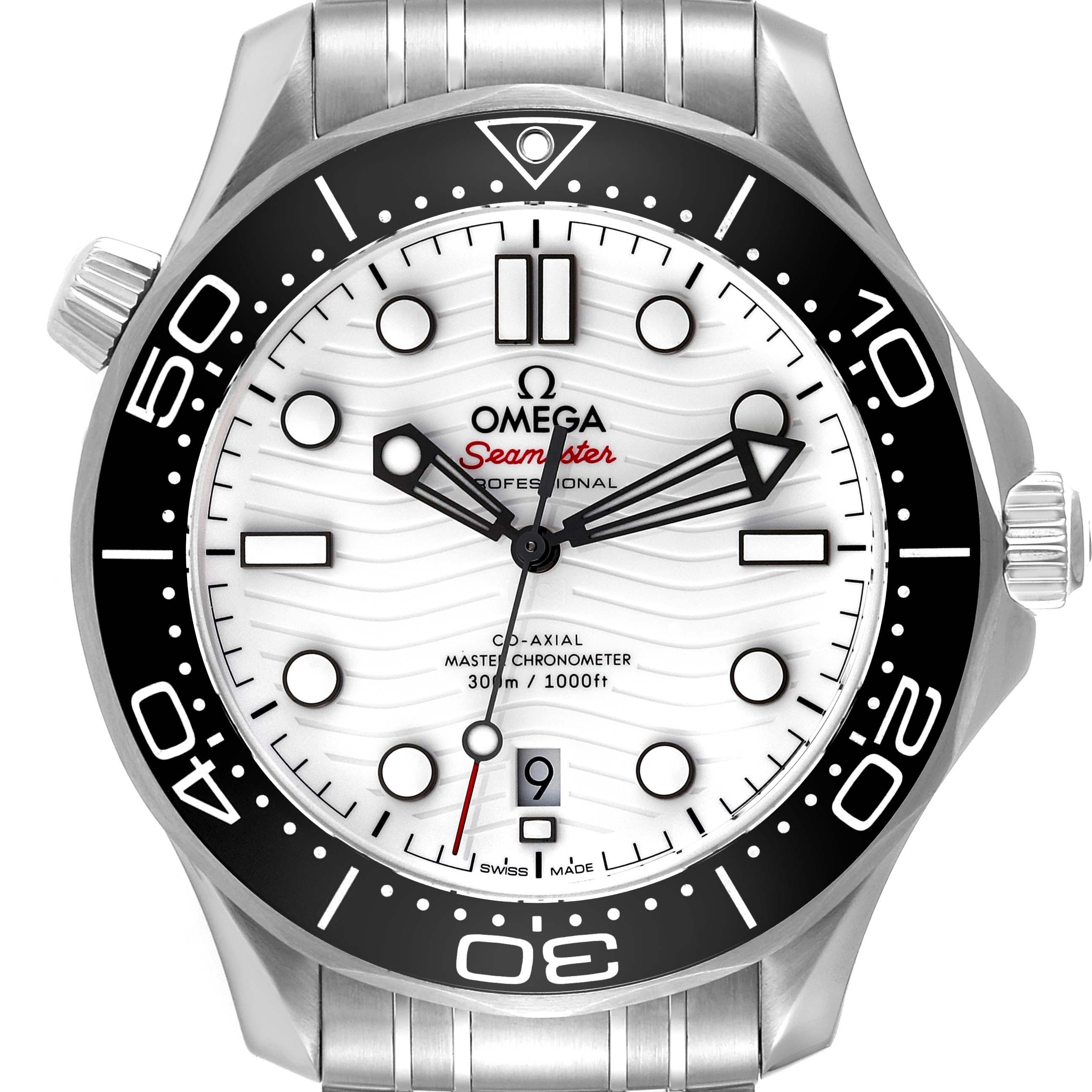 The image shows a front view of an Omega Seamaster 210.30.42.20.04.001 Men's Stainless Steel White Dial 210.30.42.20.04.001 Men's Stainless Steel White Dial watch, highlighting the dial, hands, bezel, and crown.