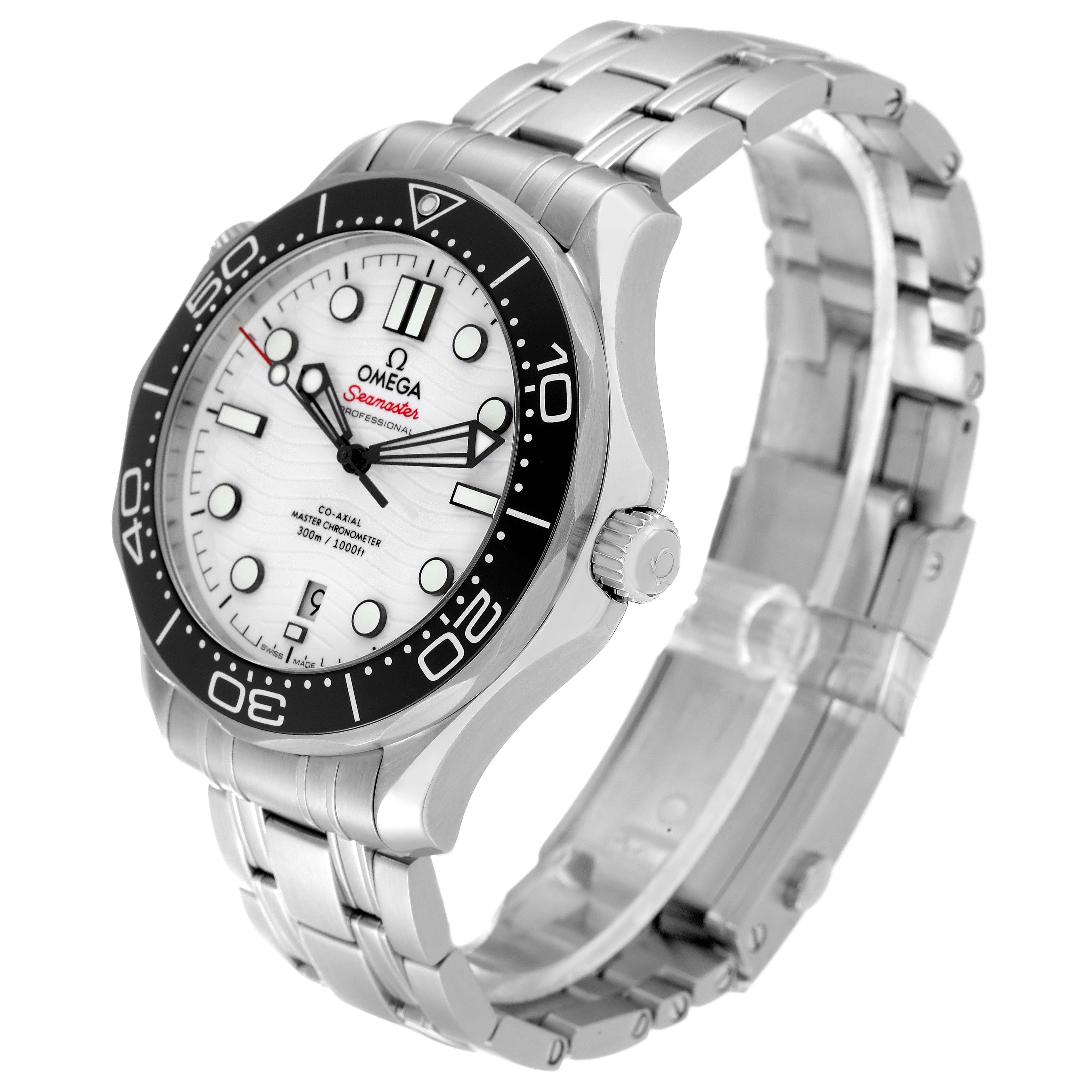 The image shows an Omega Seamaster 210.30.42.20.04.001 Men's Stainless Steel White Dial 210.30.42.20.04.001 Men's Stainless Steel White Dial watch at a three-quarter angle, highlighting its face, bezel, and bracelet.