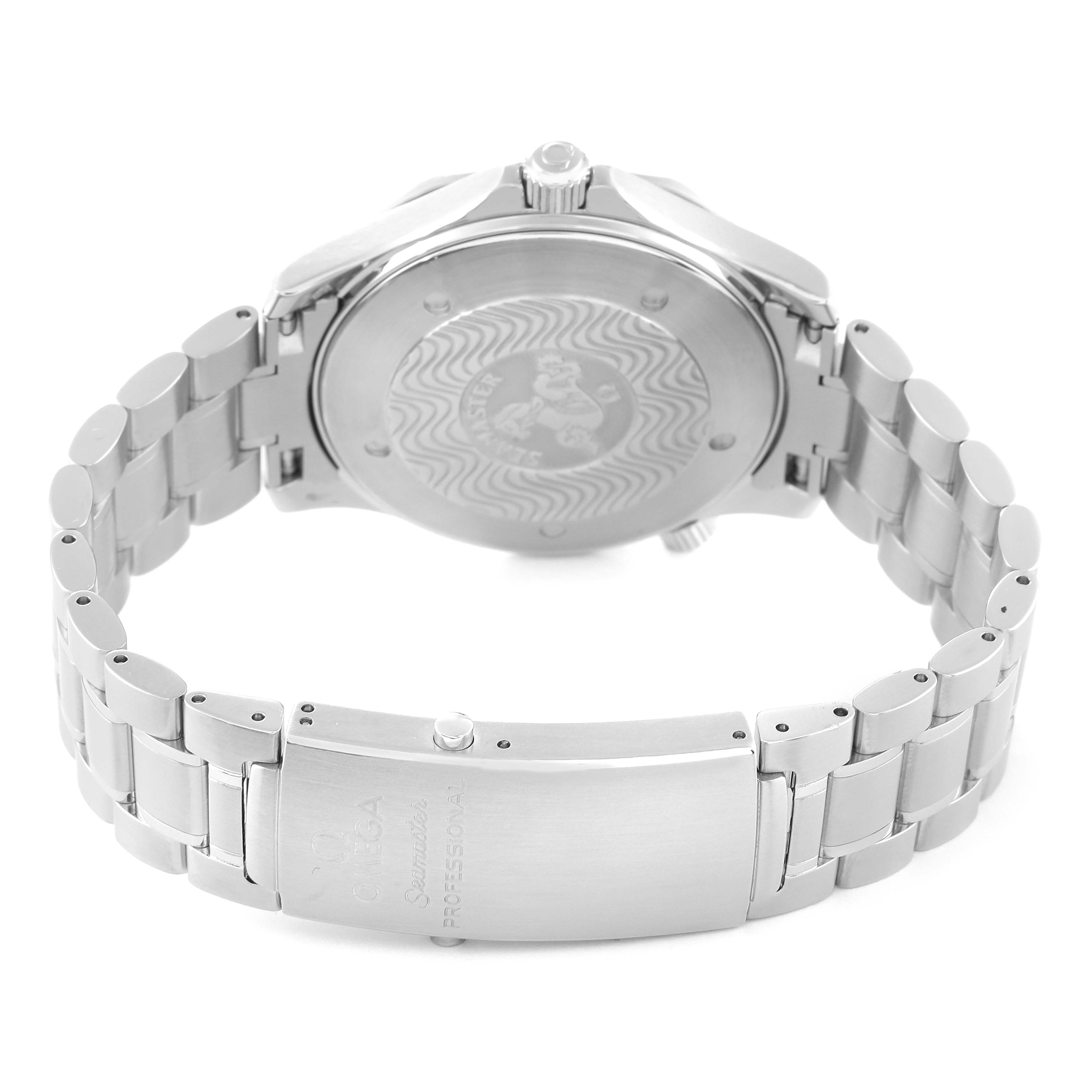 The image shows the back and bracelet of an Omega Seamaster 2265.80.00 Men's Stainless Steel Blue Dial 2265.80.00 Men's Stainless Steel Blue Dial watch, highlighting its clasp and engraved case back.