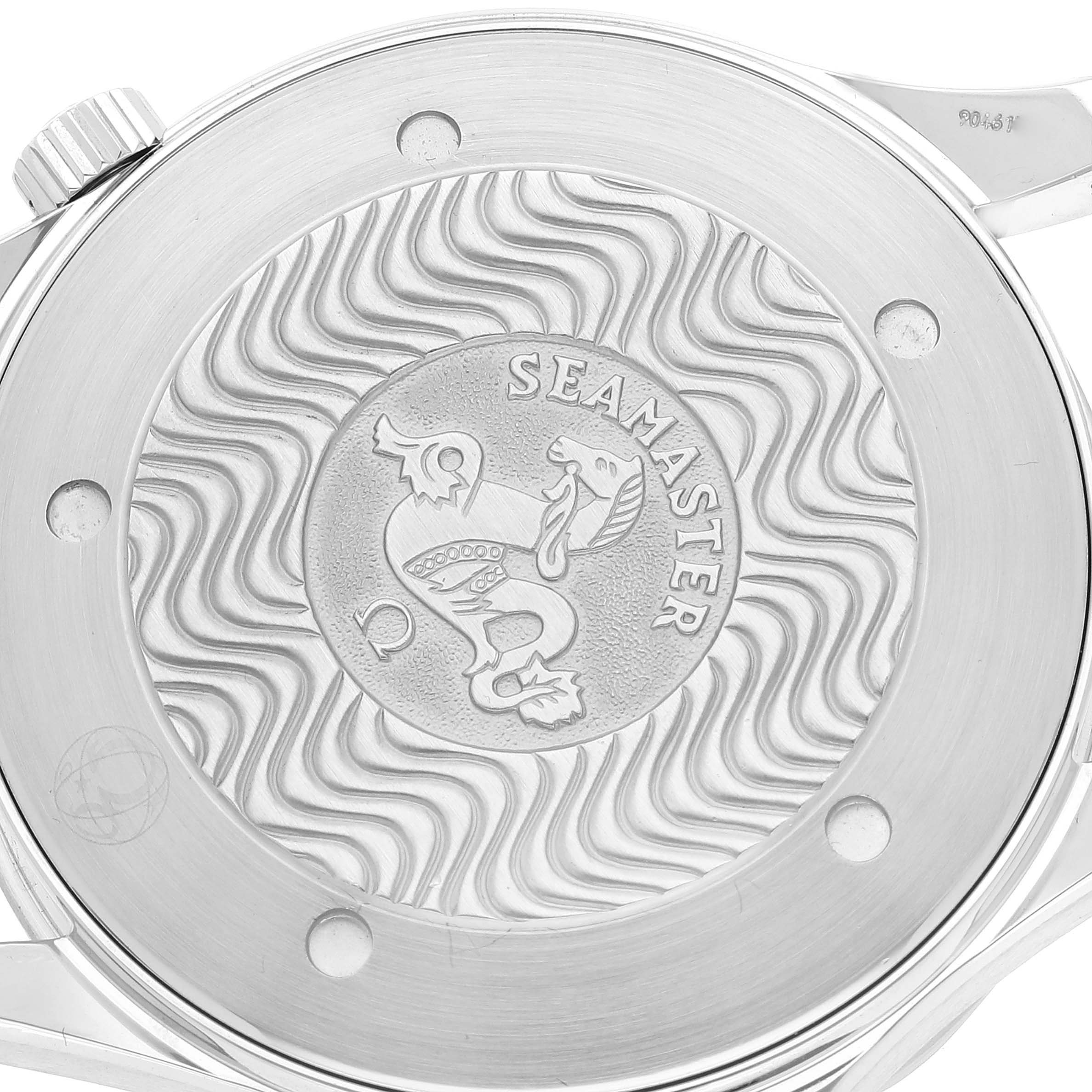 The image shows the back case of an Omega Seamaster 2265.80.00 Men's Stainless Steel Blue Dial 2265.80.00 Men's Stainless Steel Blue Dial watch, featuring intricate engravings and the "Seamaster" branding.