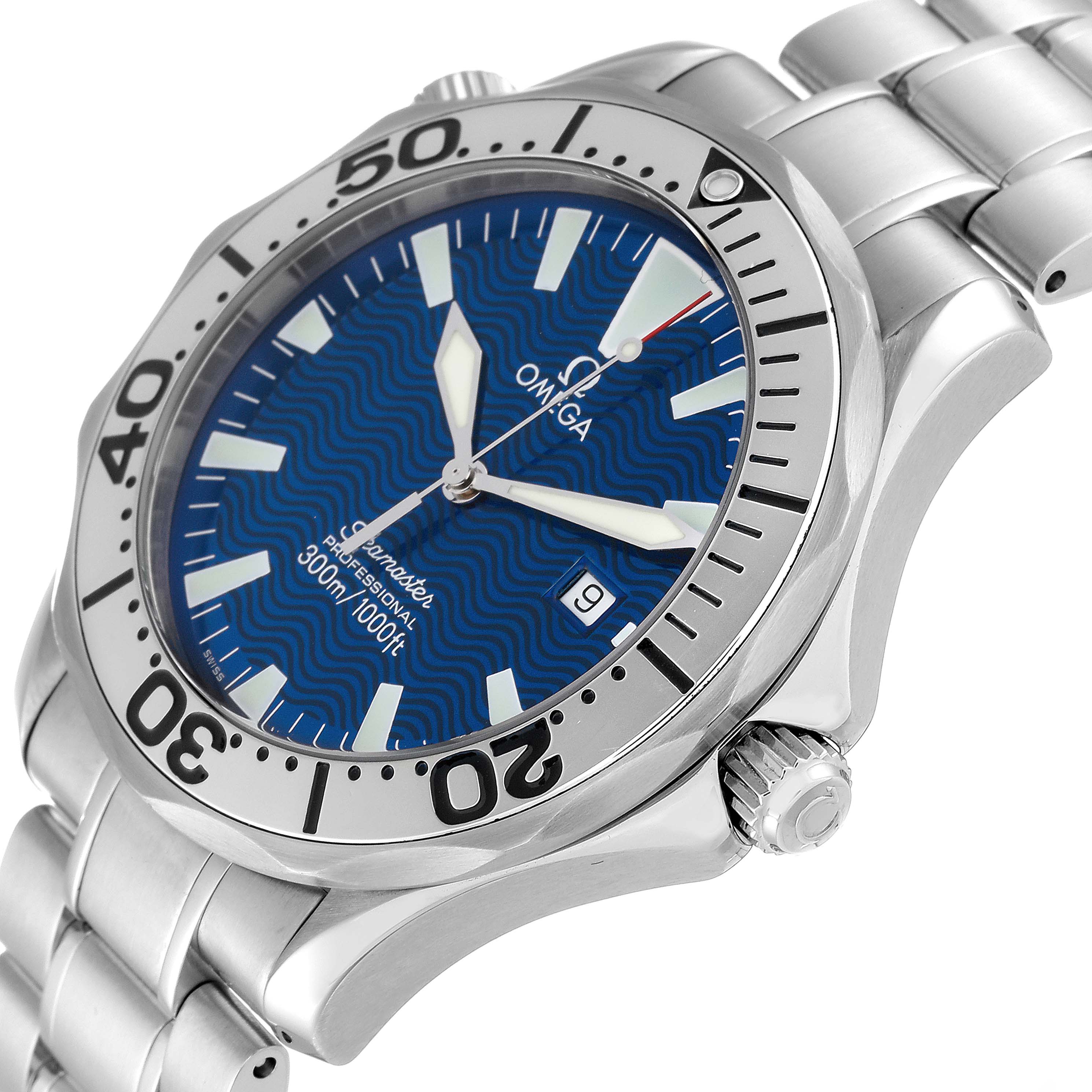 The image shows a close-up angle of the Omega Seamaster 2265.80.00 Men's Stainless Steel Blue Dial 2265.80.00 Men's Stainless Steel Blue Dial watch, highlighting its blue dial, bezel, crown, and part of the metal bracelet band.