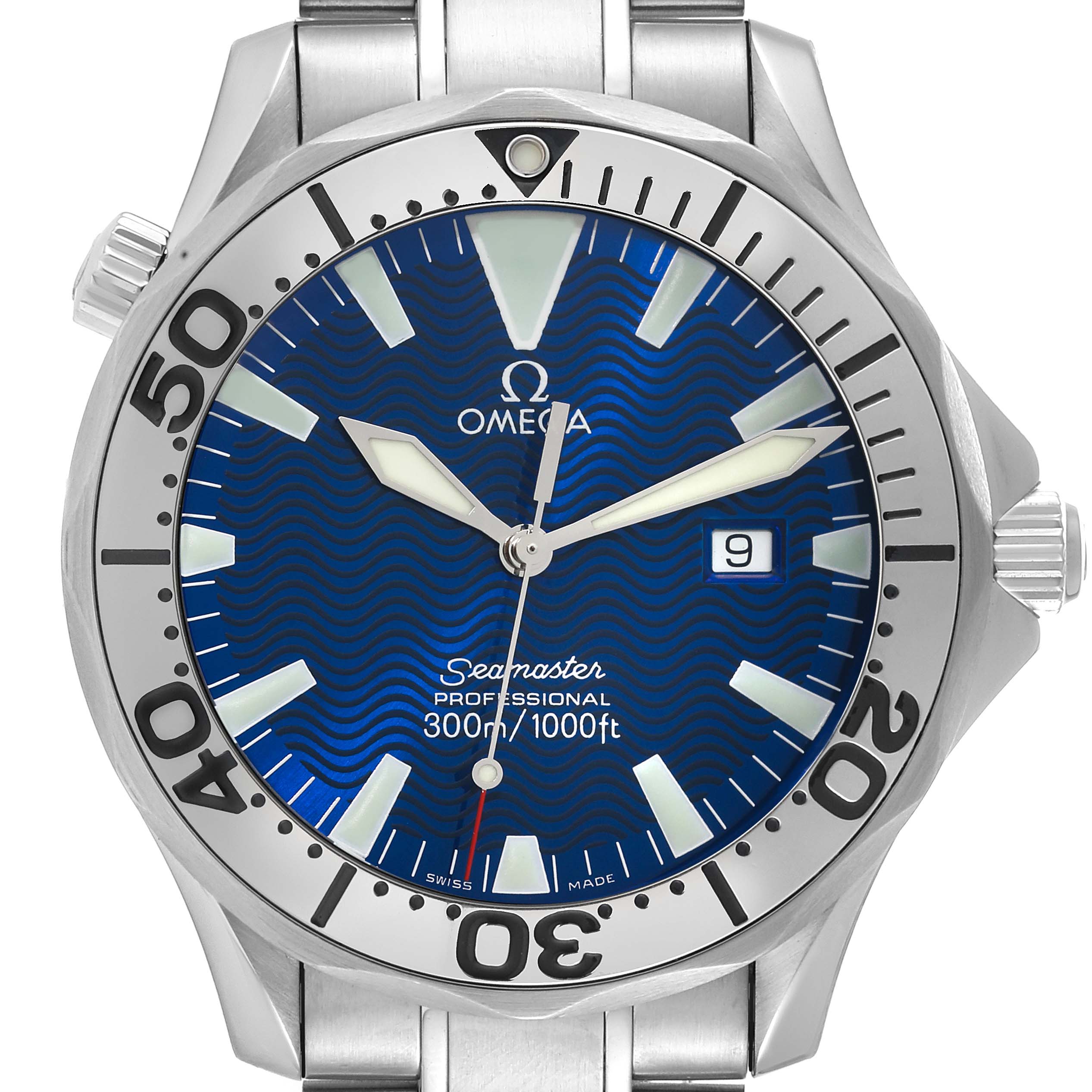 The image shows a close-up of the Omega Seamaster 2265.80.00 Men's Stainless Steel Blue Dial 2265.80.00 Men's Stainless Steel Blue Dial watch face and bezel, highlighting its blue dial and stainless steel bracelet.
