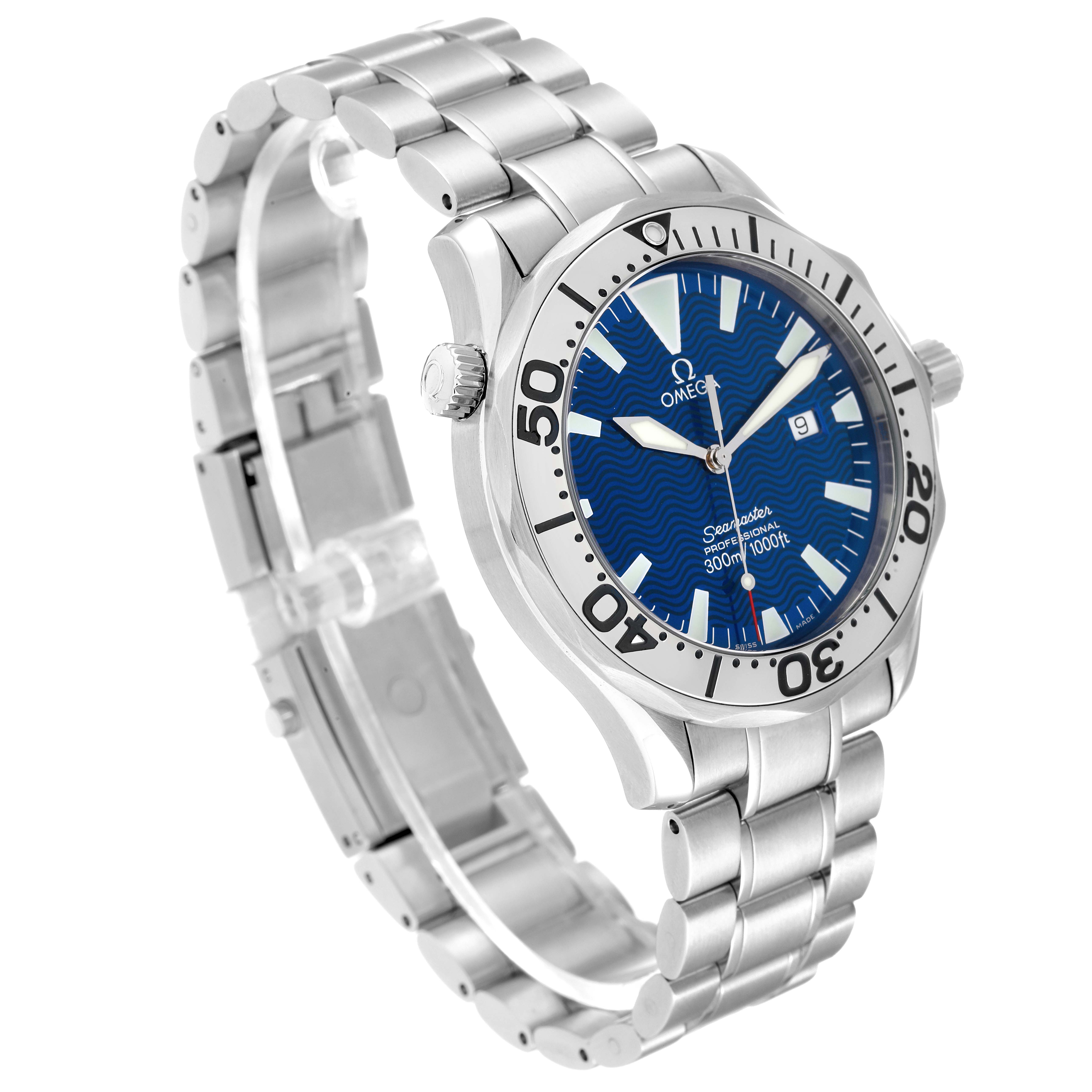 The image shows an angled view of the Omega Seamaster 2265.80.00 Men's Stainless Steel Blue Dial 2265.80.00 Men's Stainless Steel Blue Dial watch, highlighting its blue dial, bezel, and stainless steel bracelet.