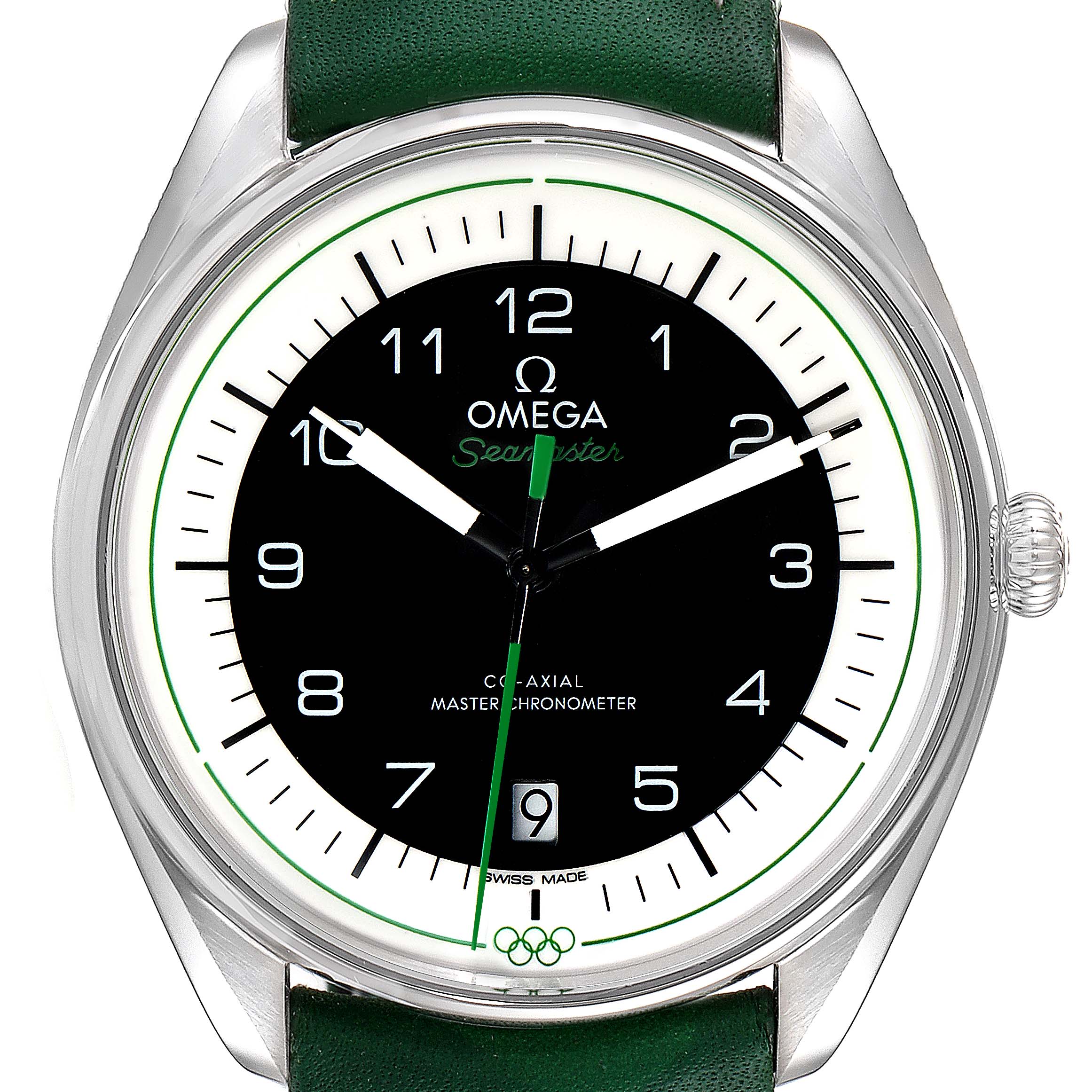 The image shows a front view of an Omega Seamaster 522.32.40.20.01.005 Men's Stainless Steel Black Dial 522.32.40.20.01.005 Men's Stainless Steel Black Dial watch displaying the dial, hands, crown, and part of the strap.