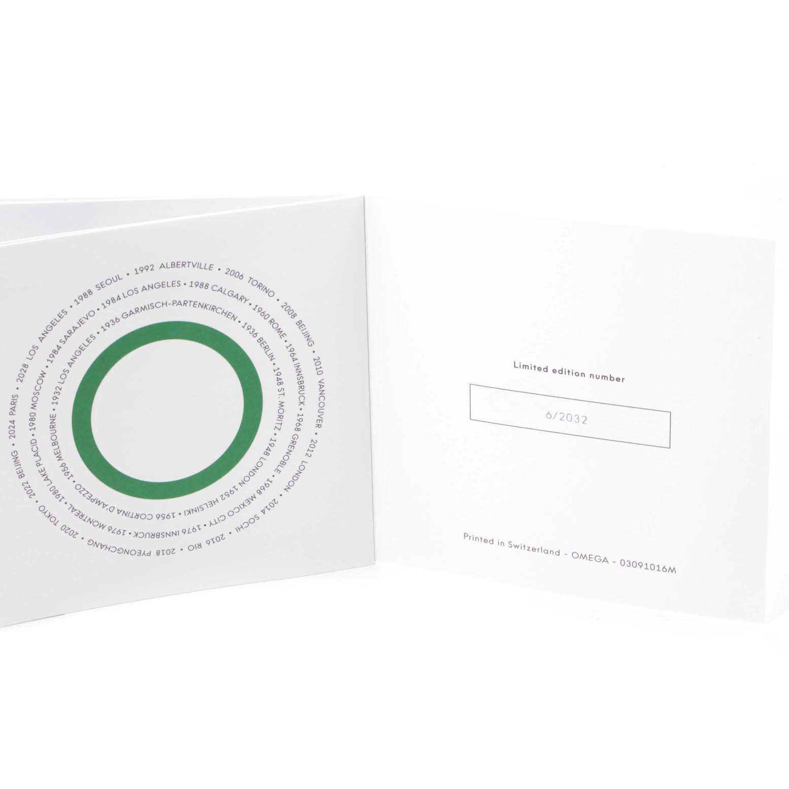 This image shows an open booklet for the Omega Seamaster 522.32.40.20.01.005 Men's Stainless Steel Black Dial 522.32.40.20.01.005 Men's Stainless Steel Black Dial watch, displaying a limited edition number and Olympic host cities.