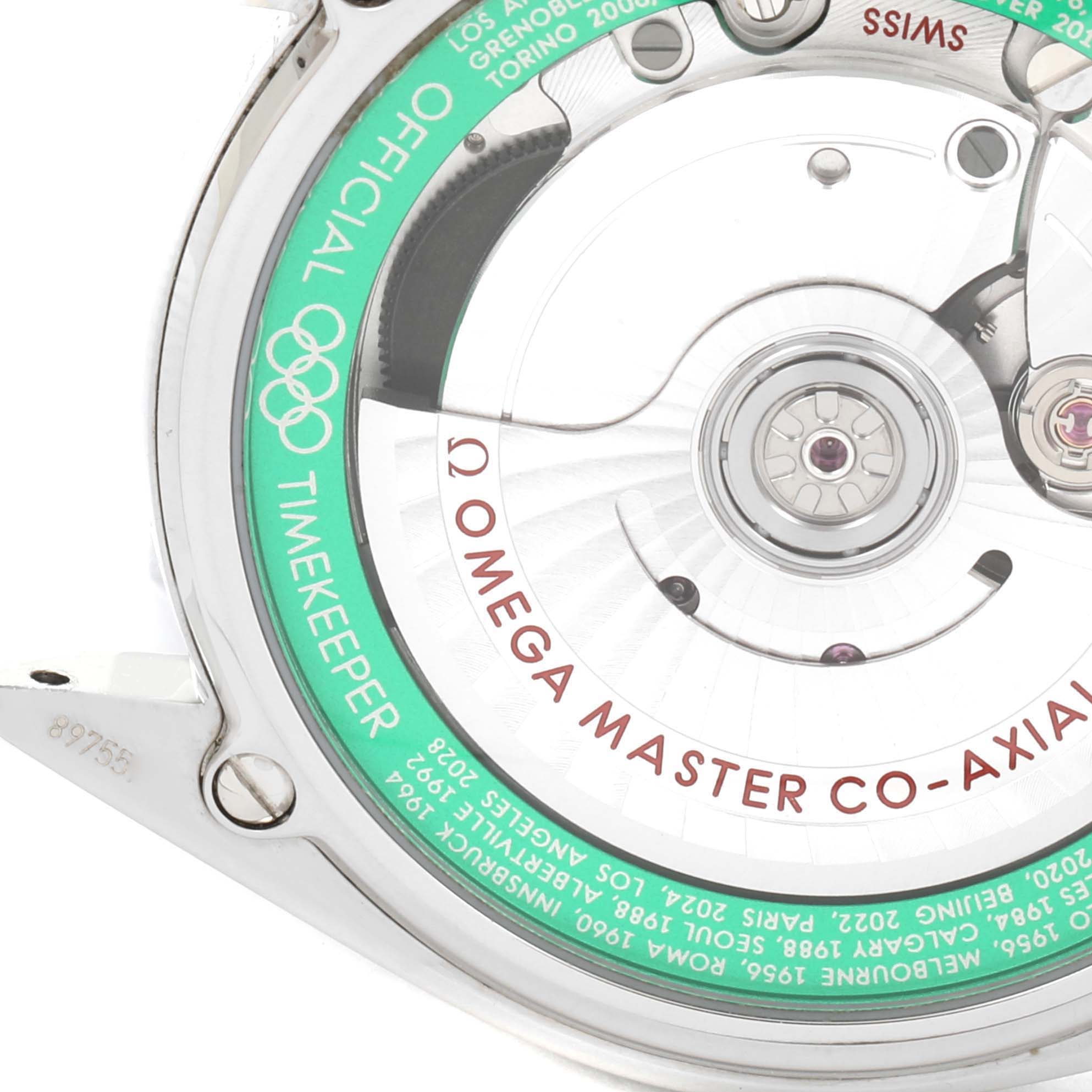 The image shows the back case of the Omega Seamaster 522.32.40.20.01.005 Men's Stainless Steel Black Dial 522.32.40.20.01.005 Men's Stainless Steel Black Dial, highlighting the 'OMEGA MASTER CO-AXIAL' and Olympic Timekeeper engravings.